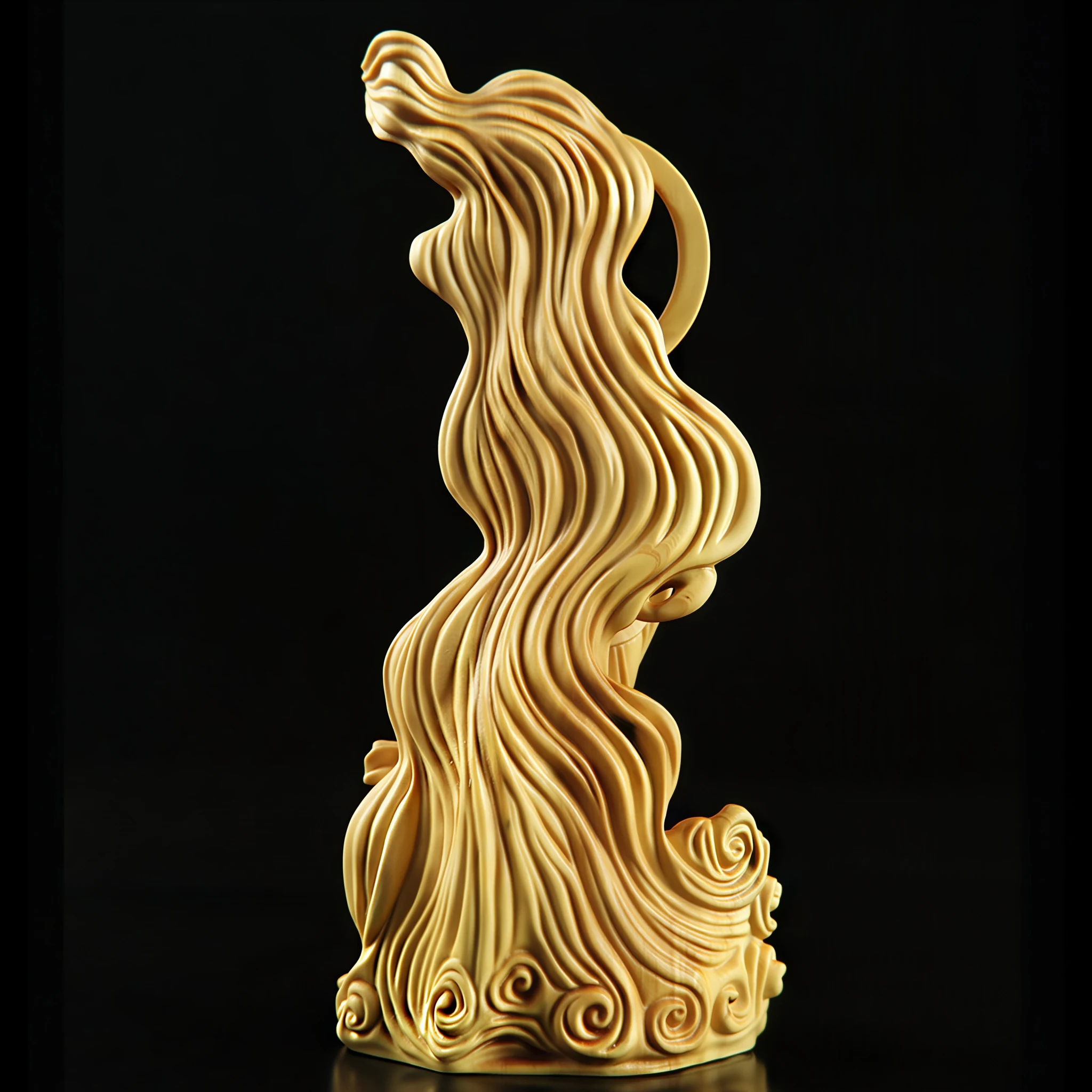 Rear of the small-leaf boxwood Duhai Kuan Yin showing long carved folds and curled waves