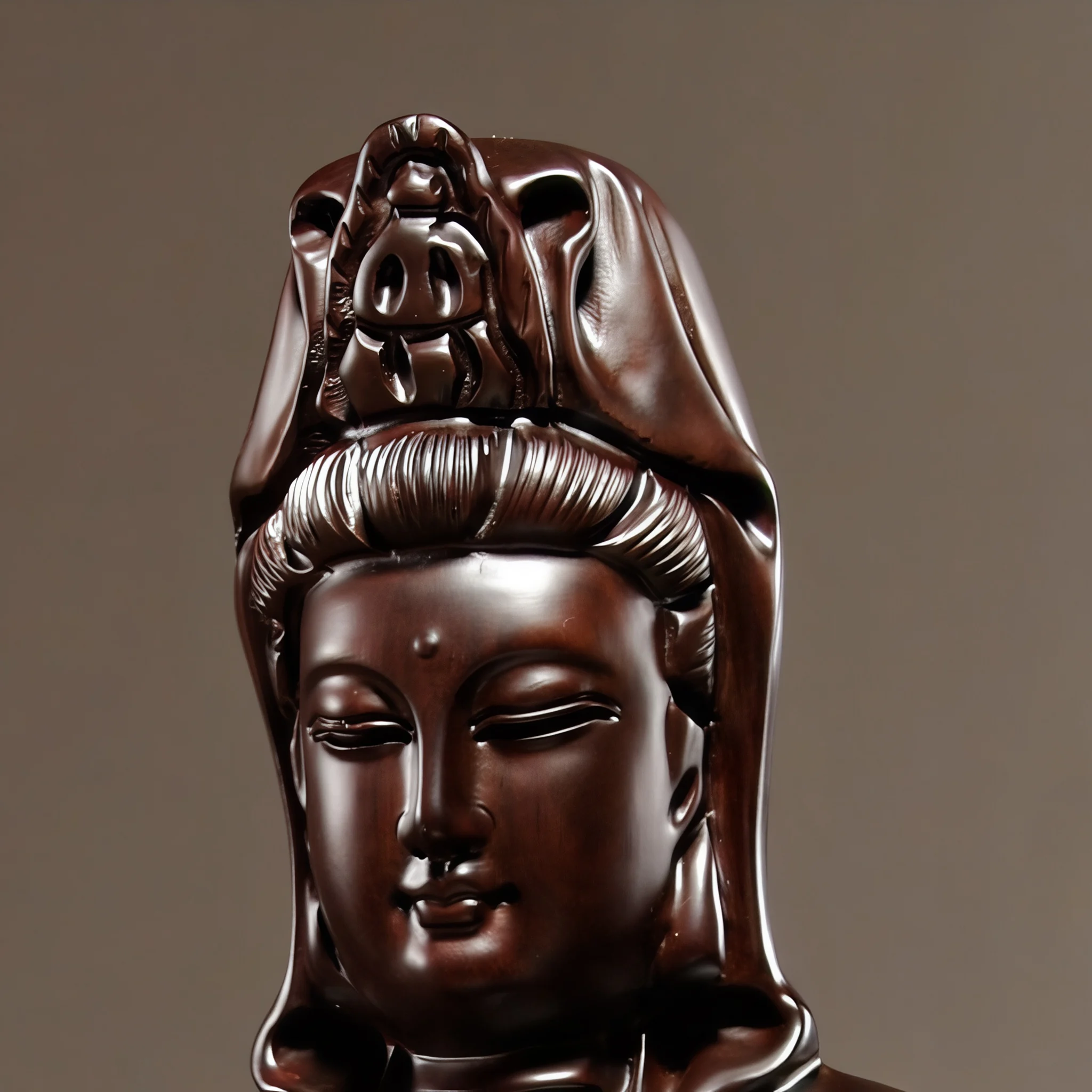 Close-up of Guanyin’s face and carved crown in dark brown wood