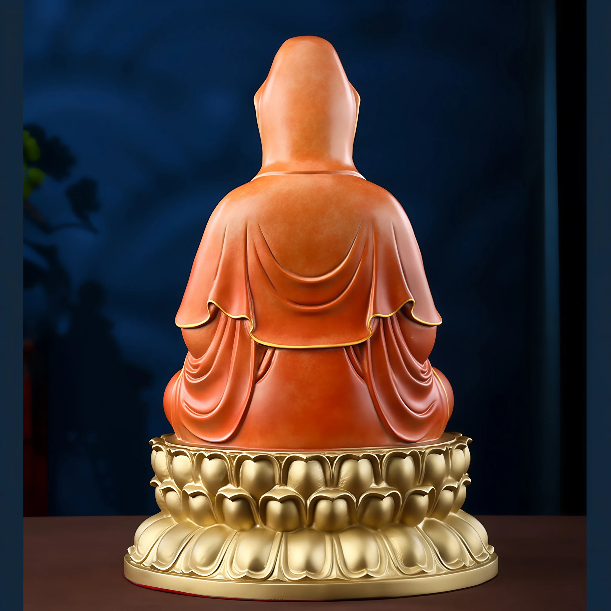 Back of the 37.8 cm lotus-seated Guanyin, showing the orange-red hood and folded robe