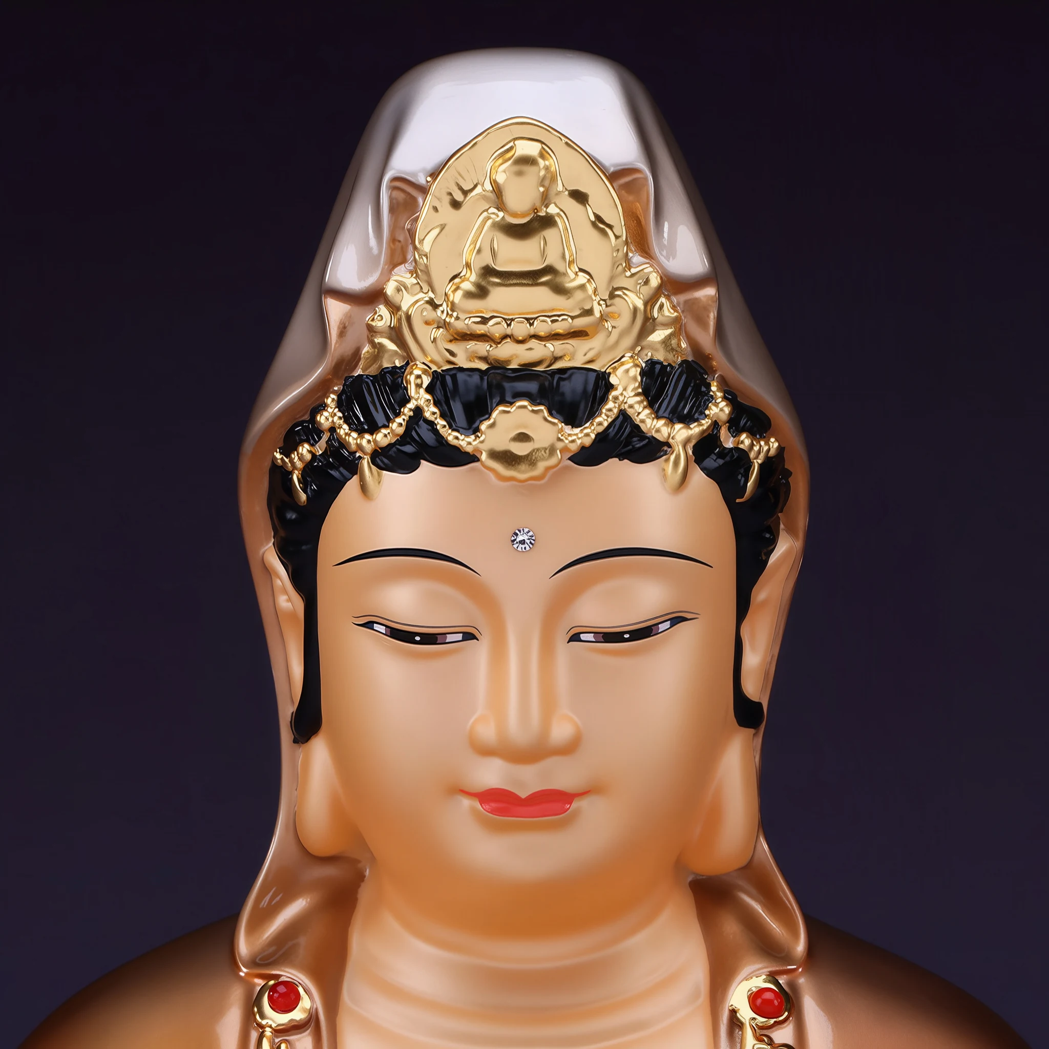 Close view of the 39 cm Guanyin’s painted eyes, red lips, white veil and small Buddha figure in the crown