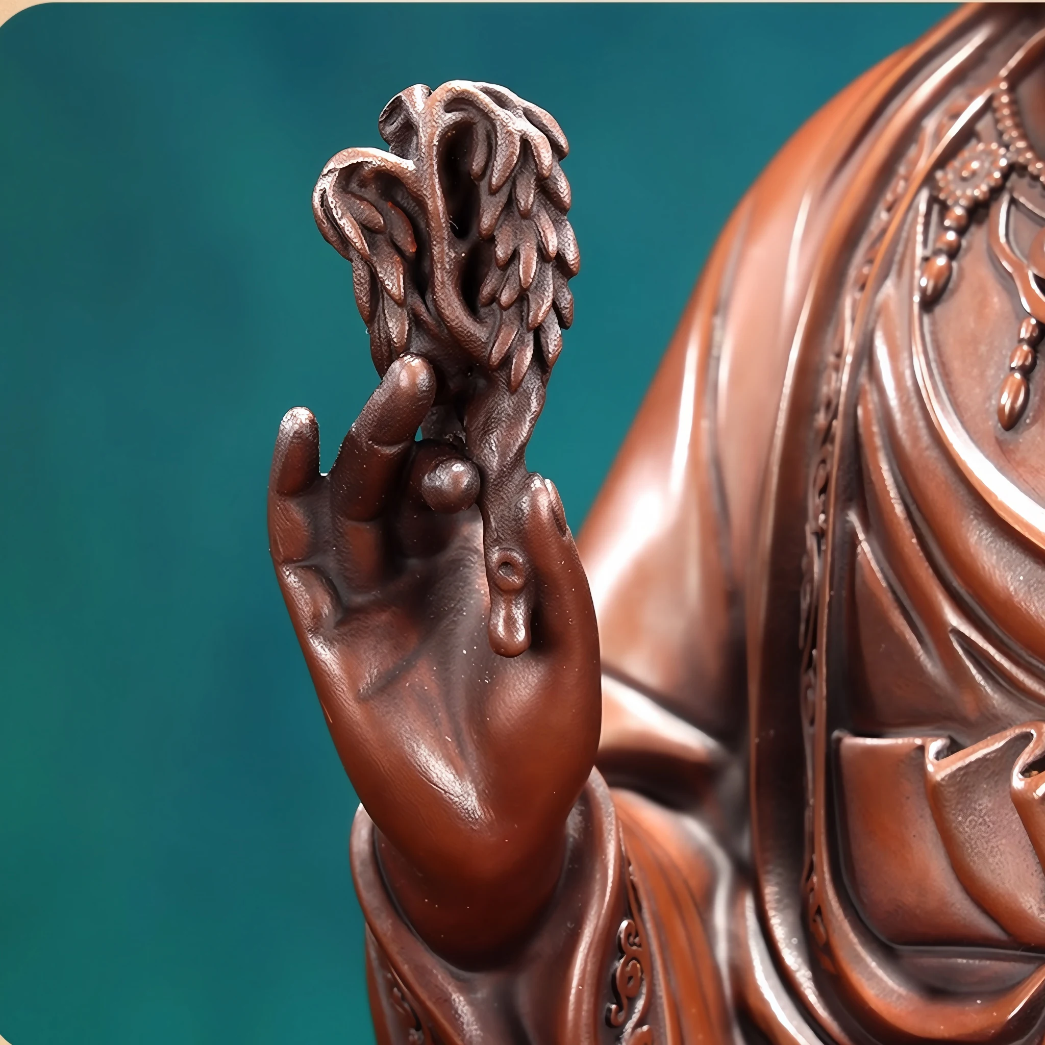 A curled willow sprig held between the fingers of Guanyin’s raised right hand