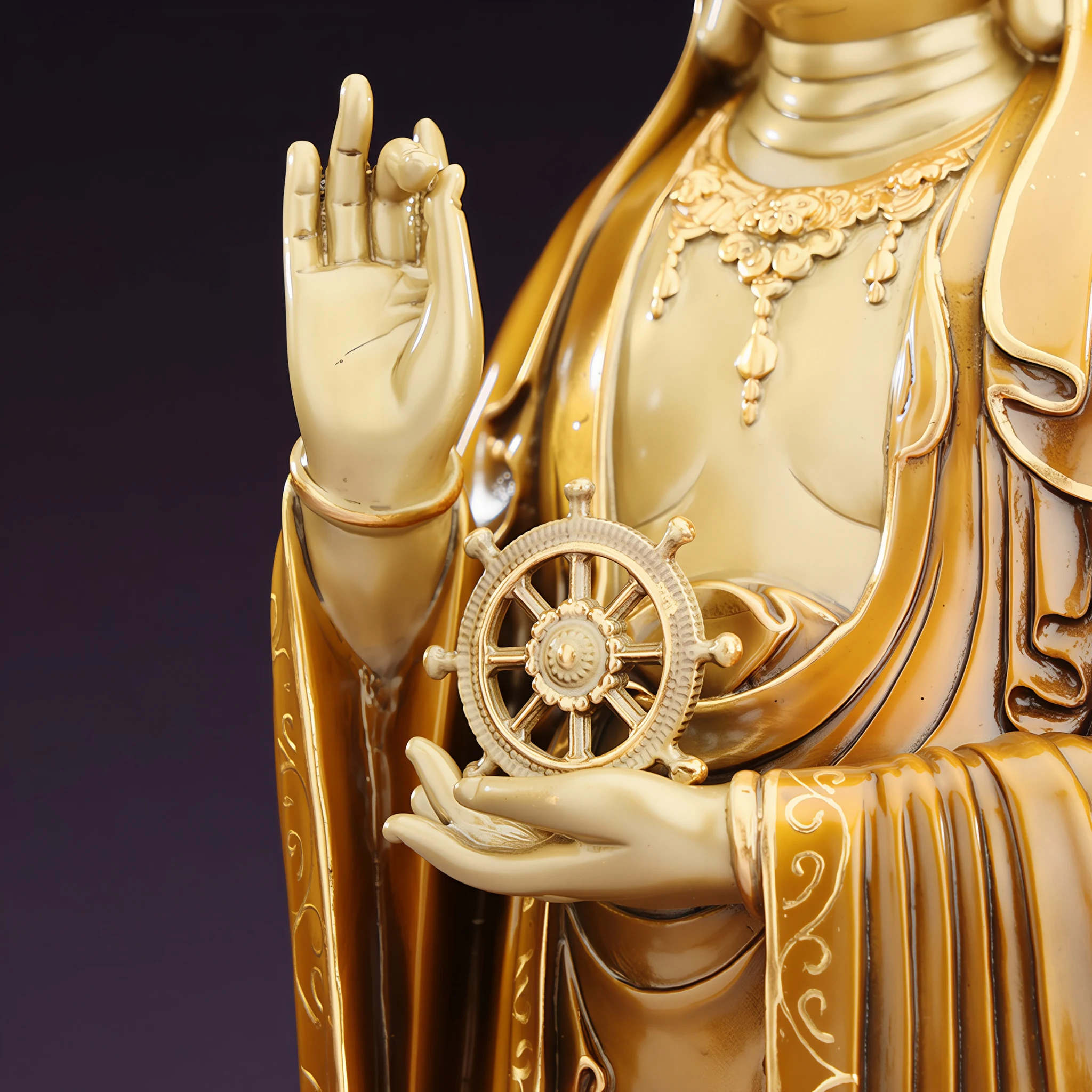 Close view of the Dharma wheel resting above Kuan Yin’s open left palm and the raised right hand