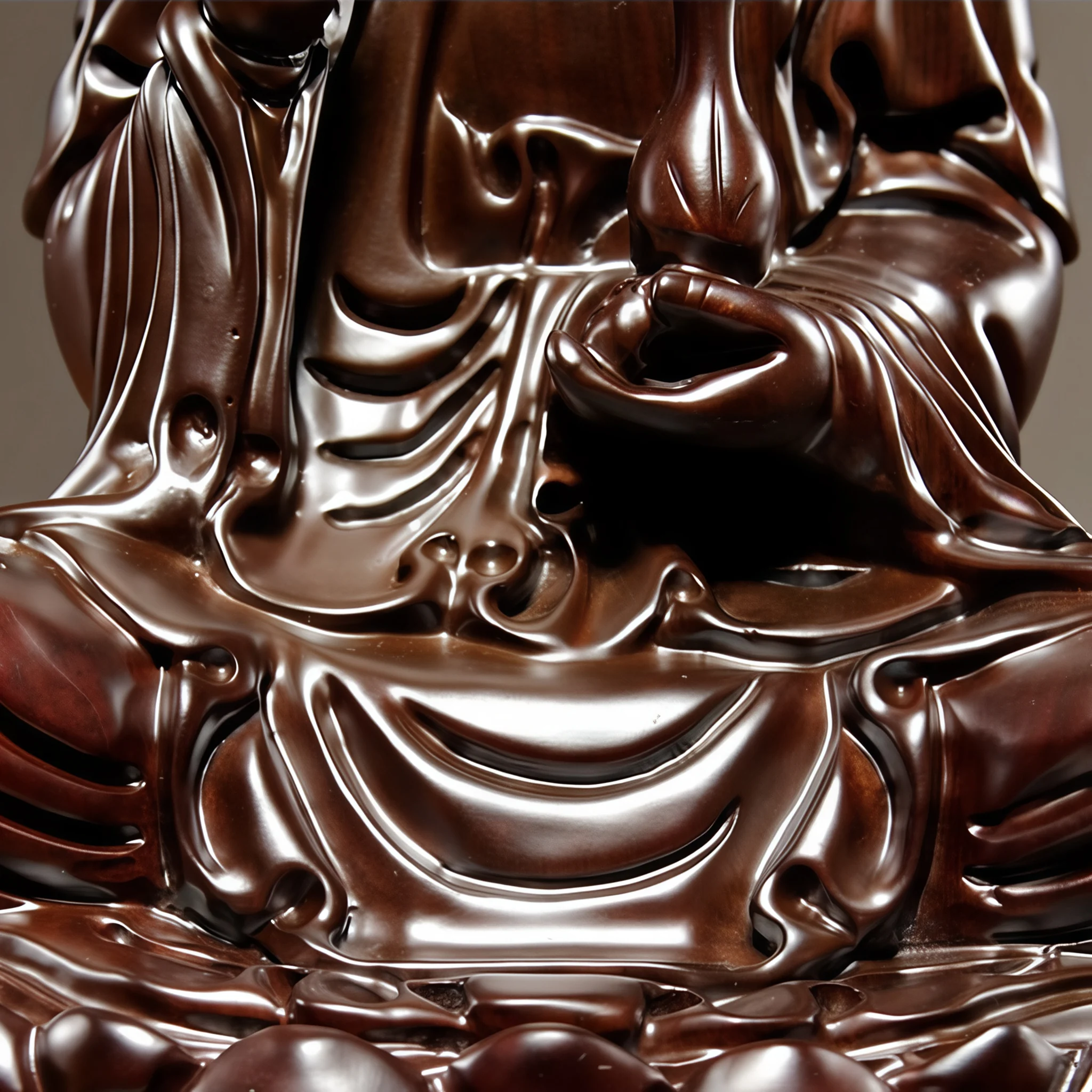 Close-up of Guanyin’s left hand, vase, draped robe and lotus petals