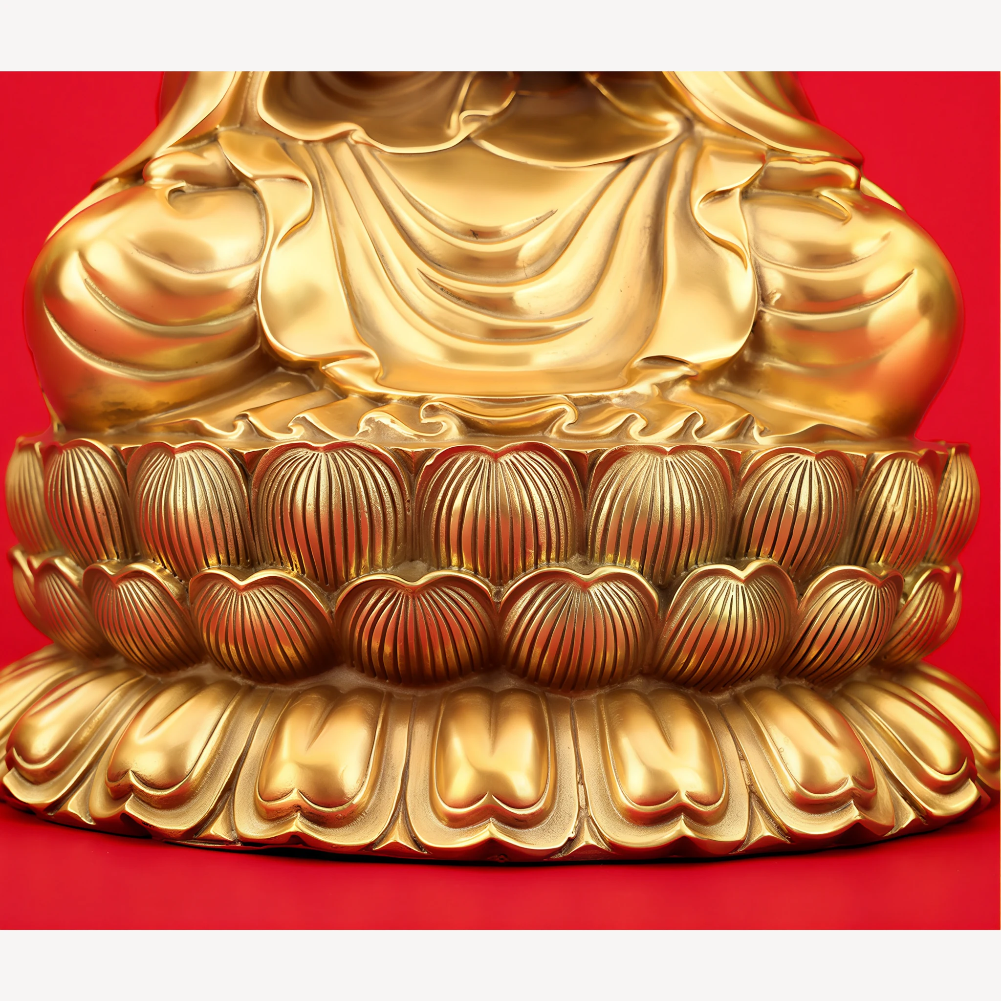 Two rows of ribbed lotus petals and a flared lower base beneath the 38 cm Nanhai Guanyin