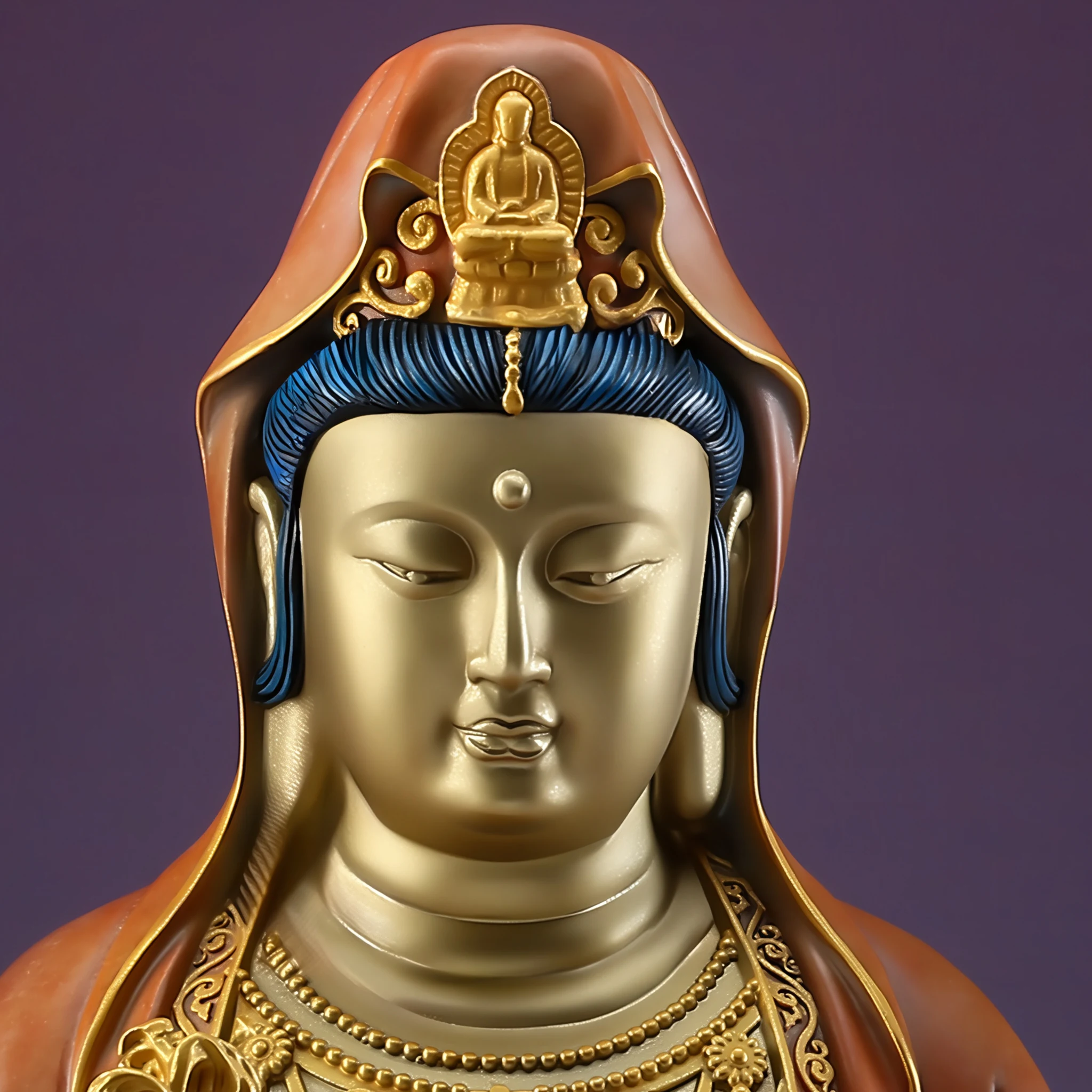 Close view of Guanyin’s gold-colored face, lowered eyes, blue-black hair and small figure on the crown