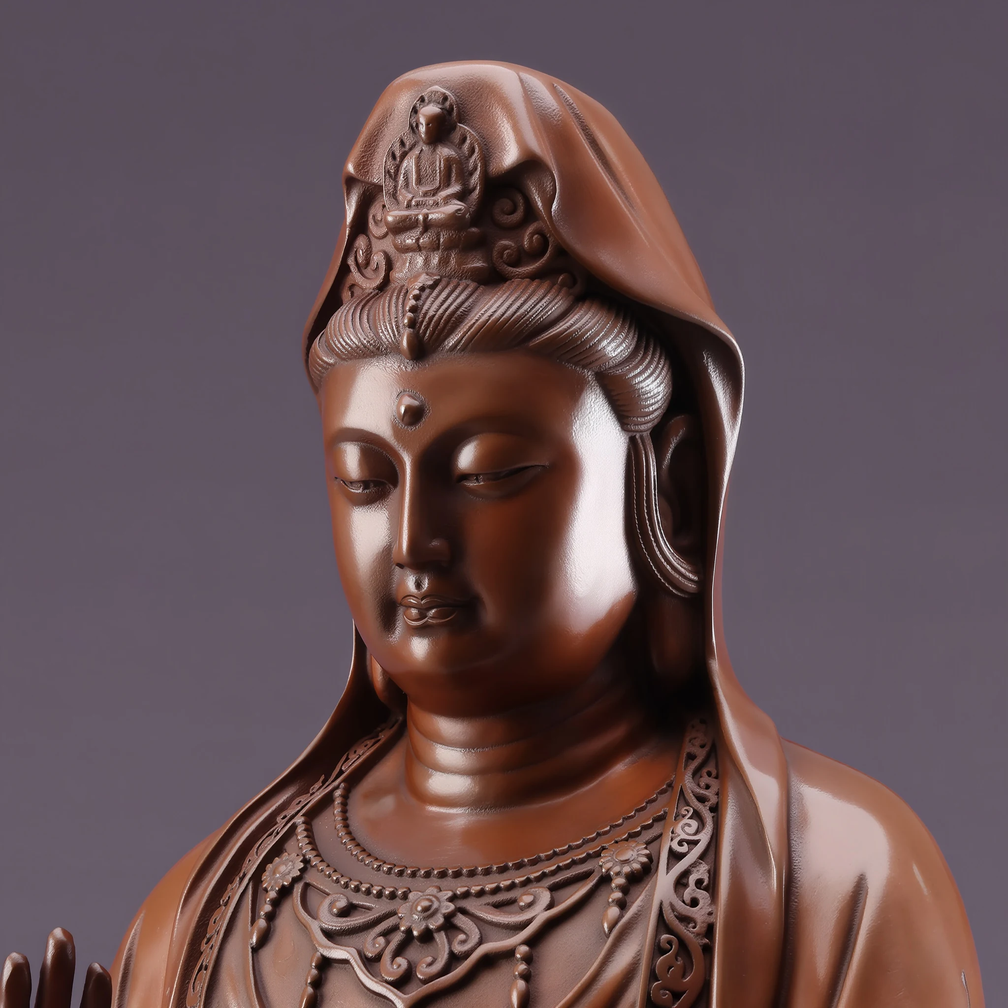 Close view of Putuo Guanyin’s lowered eyes, hair and the seated figure in the crown