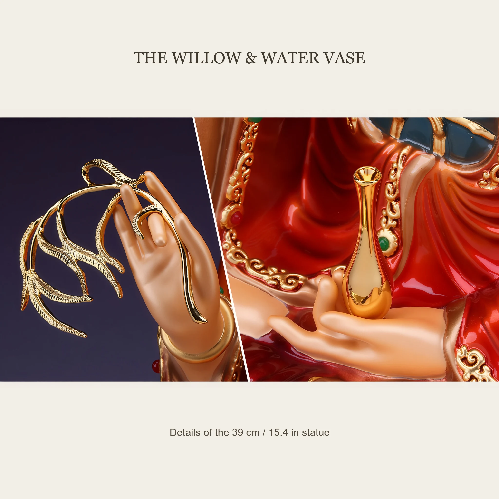 Two detail views of the 39 cm Yangliu Guanyin showing the slender fingers holding a willow branch and supporting a gold-toned water vase
