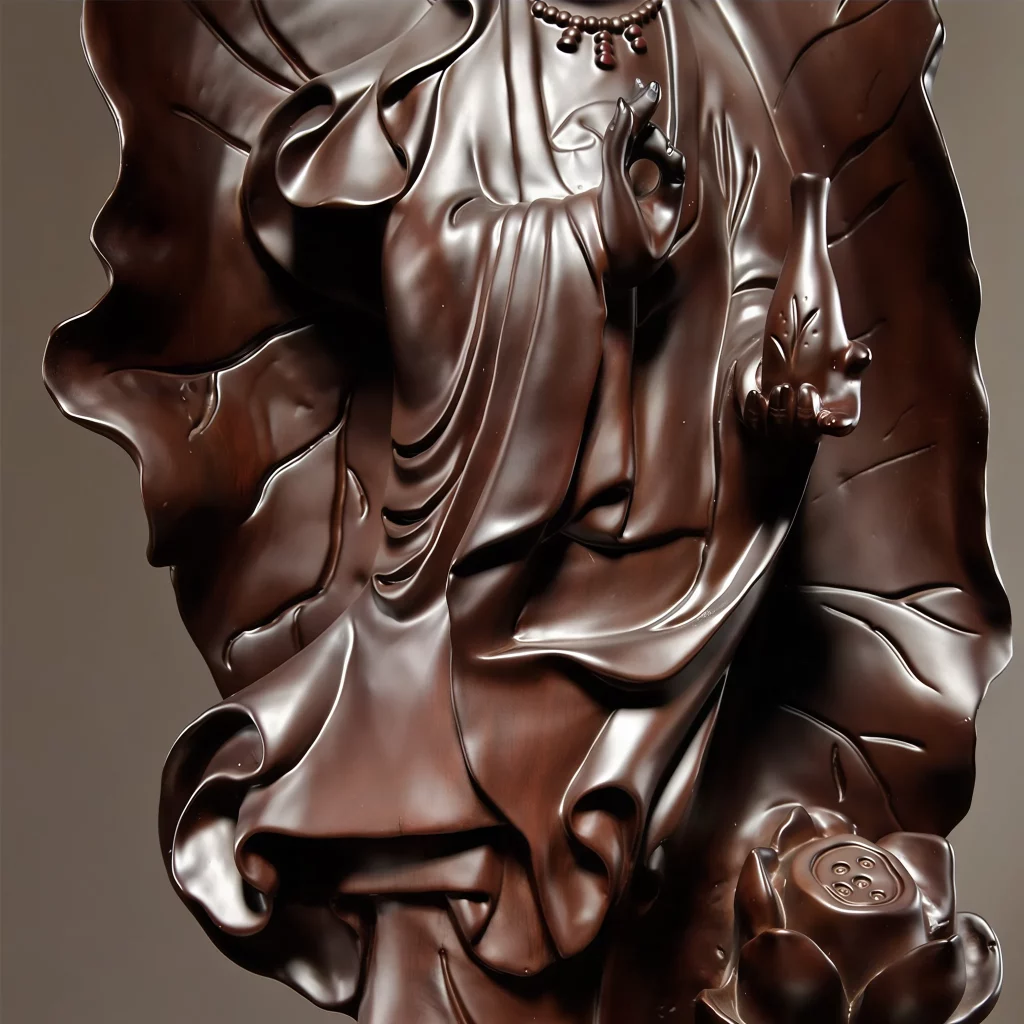 Polished dark heitan wood, with carved robe folds, a raised hand, vase and lotus seedpod.