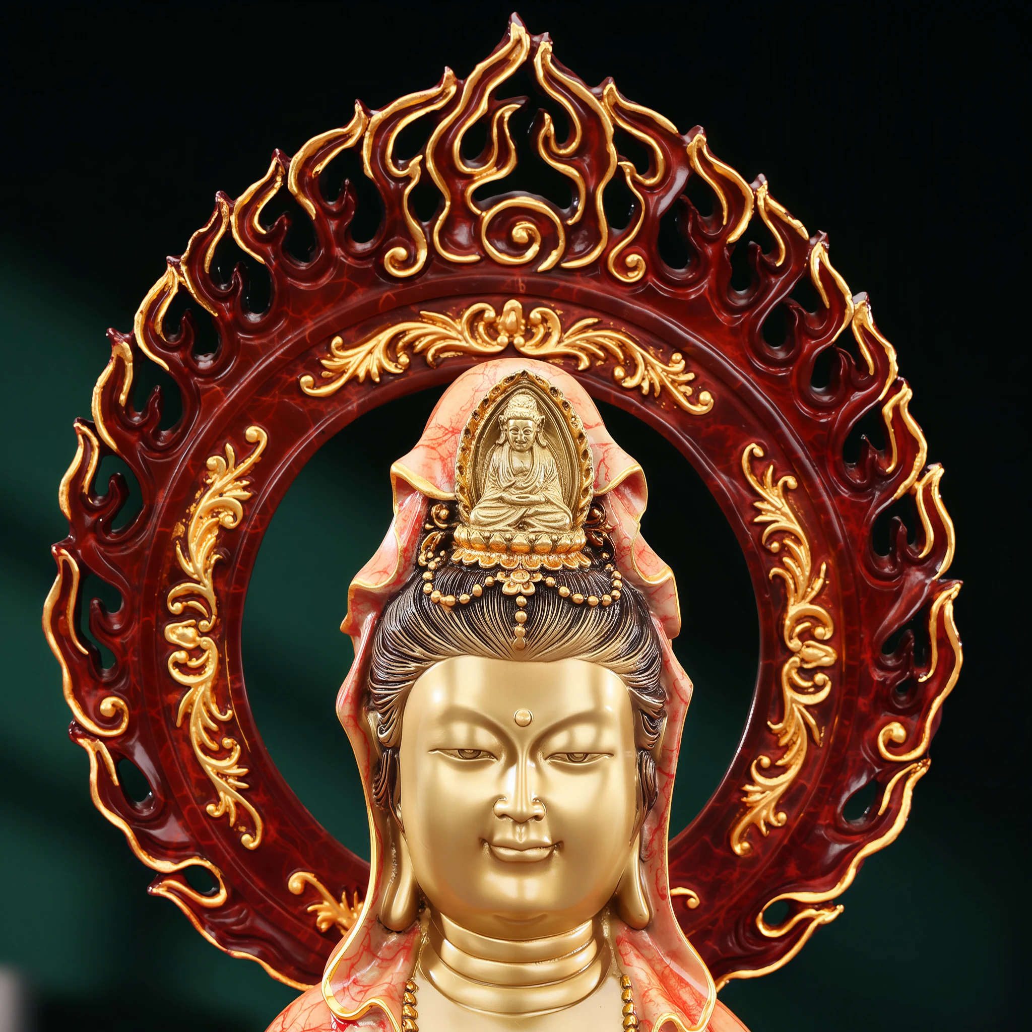 Close view of the coral and gold Guanyin’s face, small seated crown figure and openwork flame halo