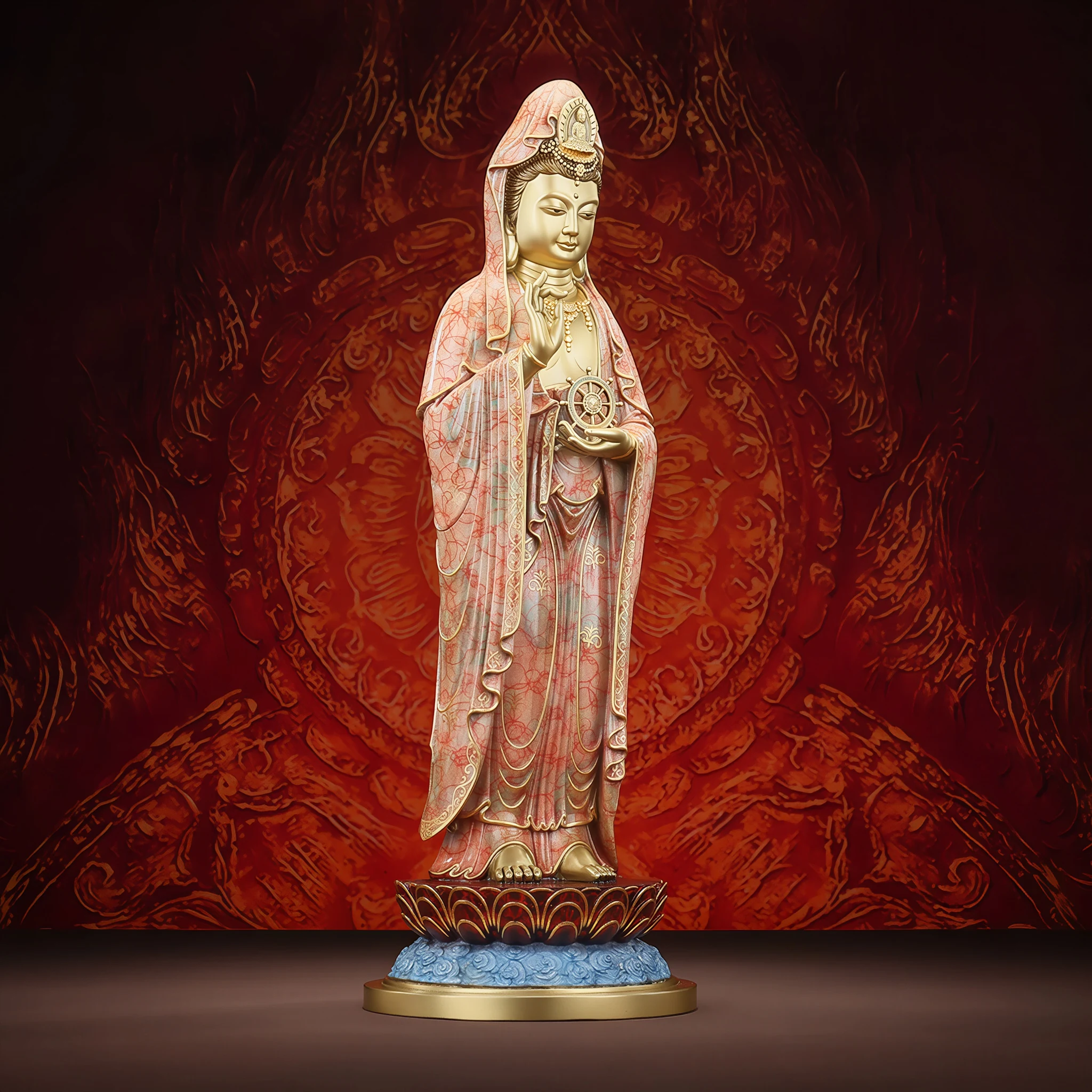 Side-front view of coral-patterned Falun Guanyin with gold-colored outlines and a blue pedestal accent