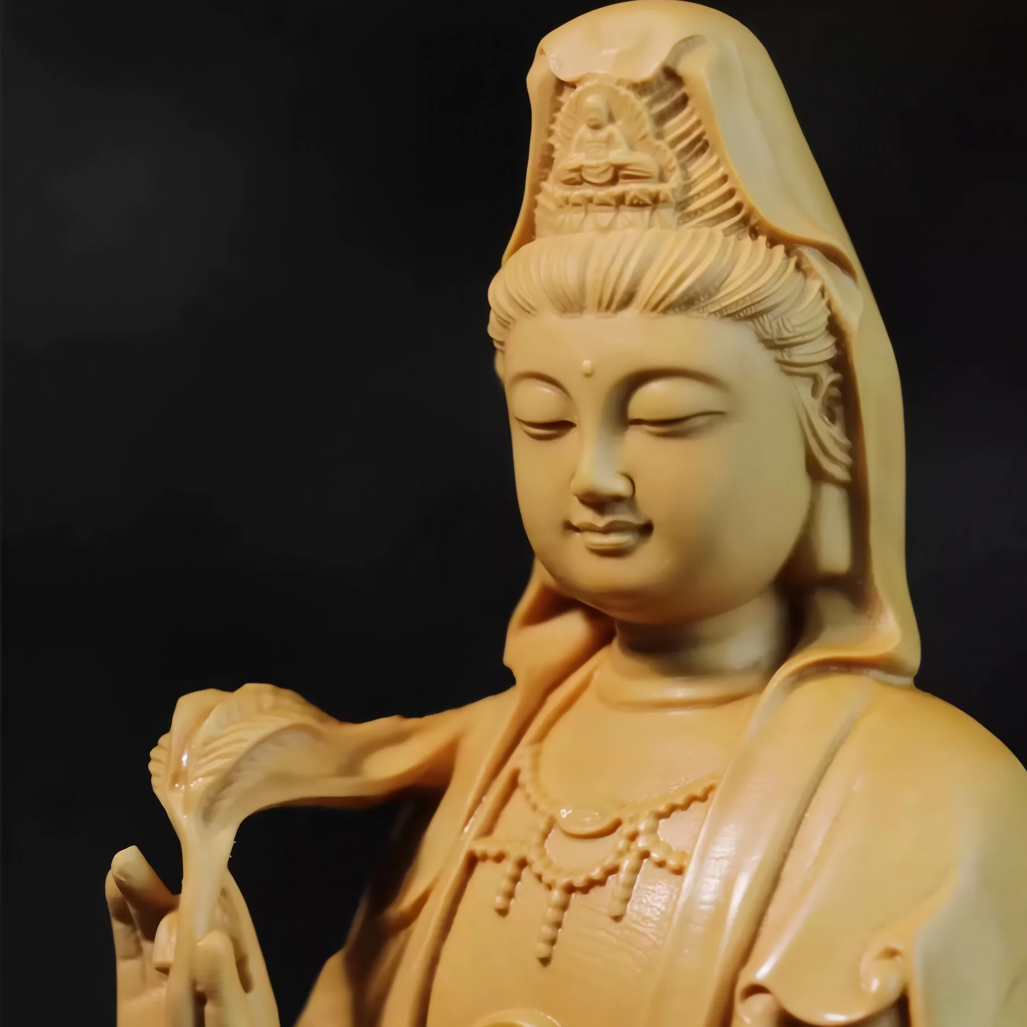 Close-up of the natural boxwood Guanyin face, hair and crown details