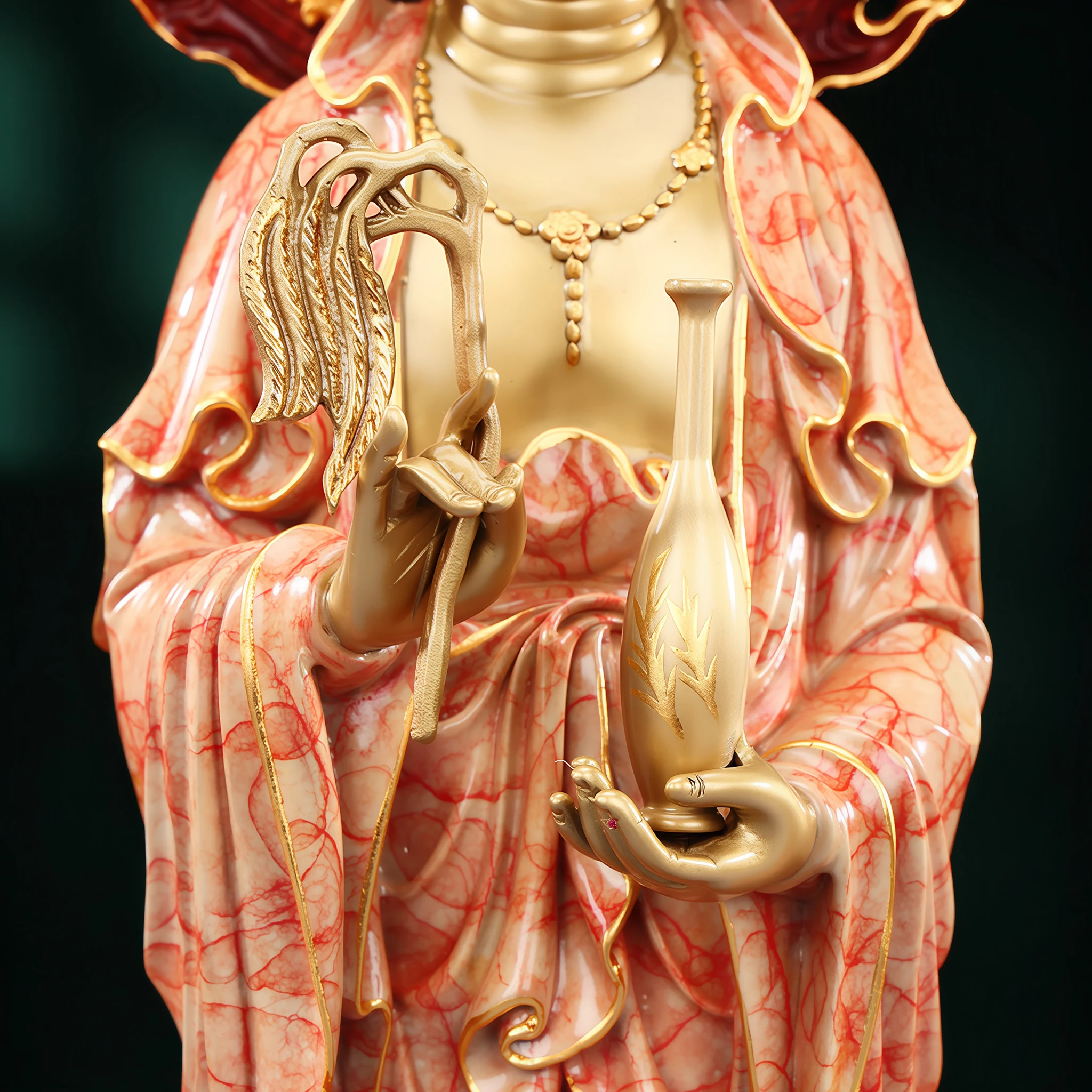 Kuan Yin’s hands holding a slender water vase and willow sprig against coral-patterned robes