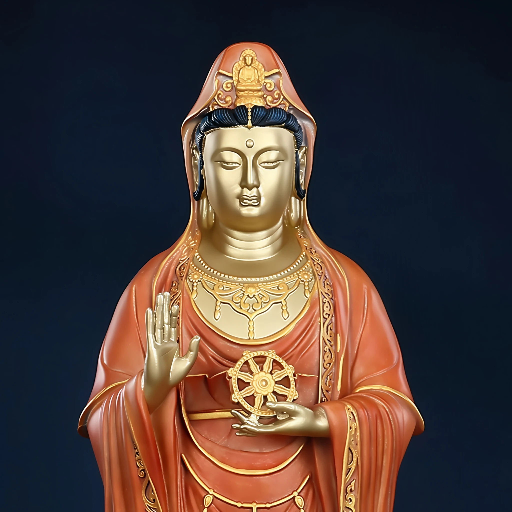 Detail of the 38 cm Putuo Kuan Yin showing the face, crown, raised palm and Dharma wheel