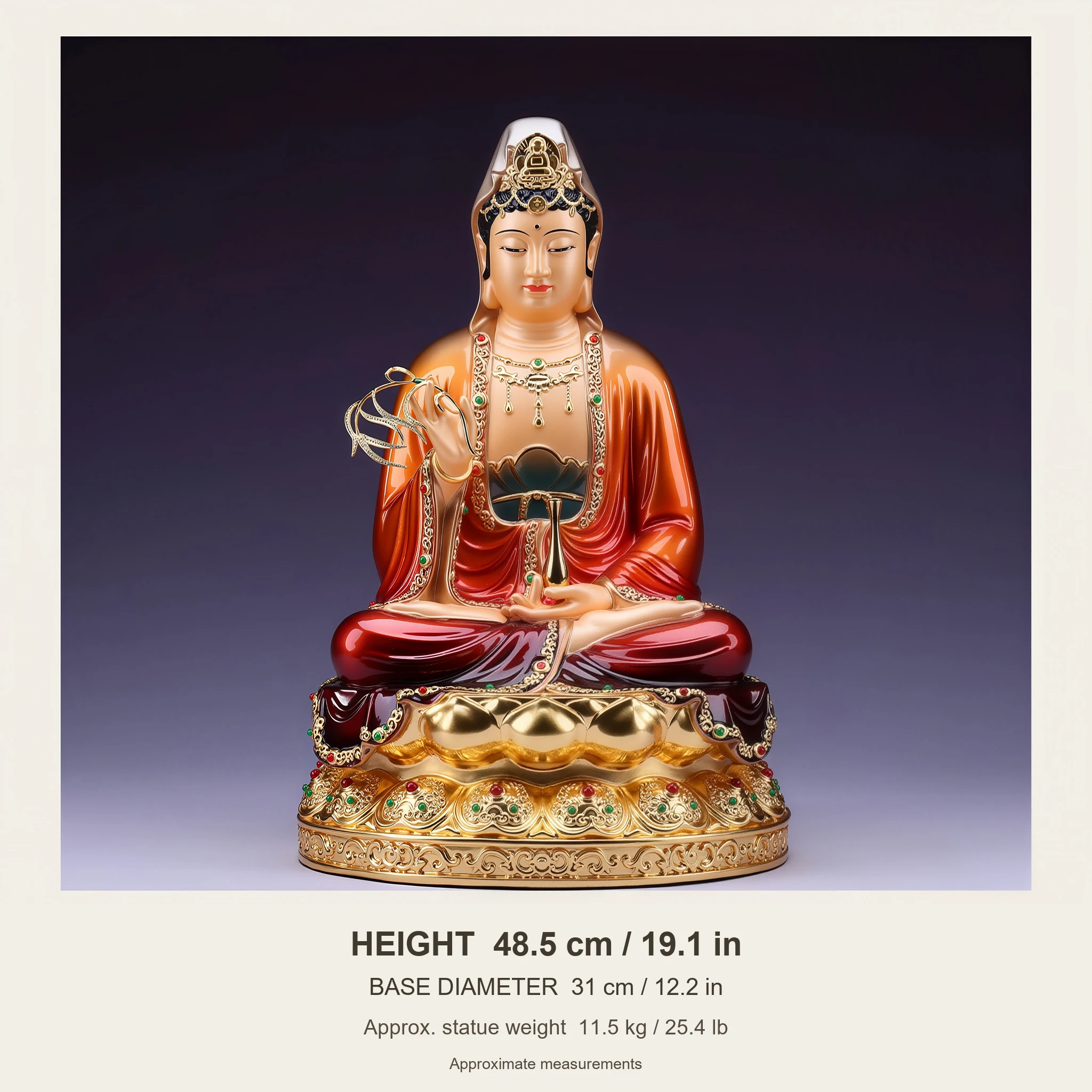 Supplier specification image for the 48.5 cm red and gold Guanyin, with a 31 cm base diameter and approximate statue weight of 11.5 kg
