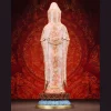 Rear view of coral-patterned Dharma Wheel Guanyin, showing the hood, robe decoration and blue base