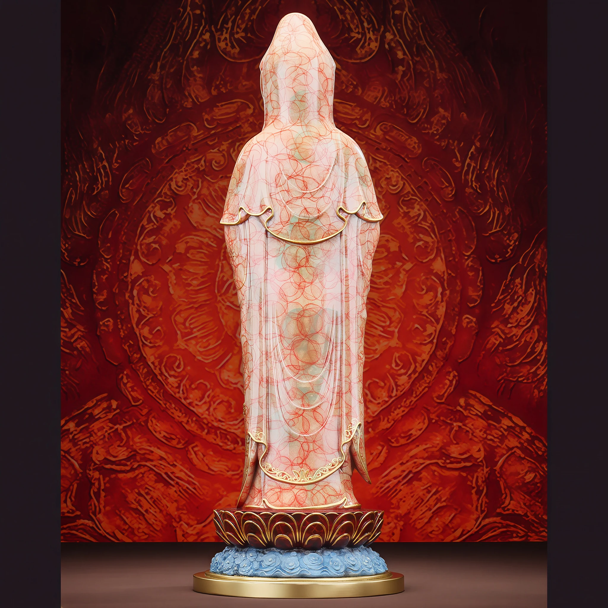 Rear view of coral-patterned Dharma Wheel Guanyin, showing the hood, robe decoration and blue base
