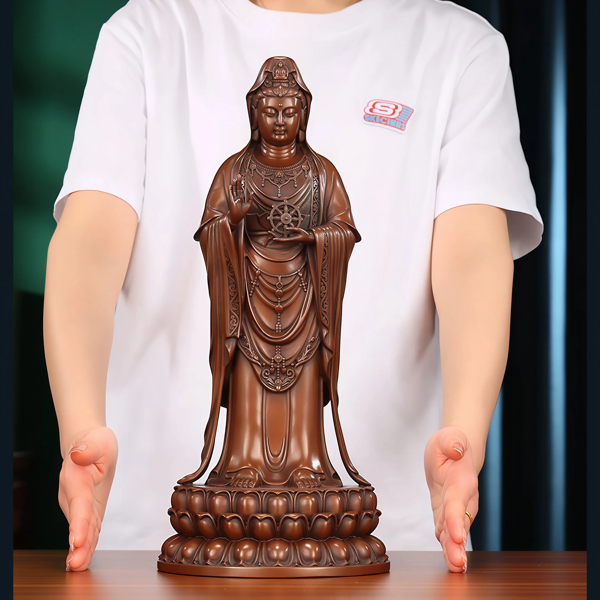 The 38 cm copper Putuo Kuan Yin on a table in front of an adult for scale