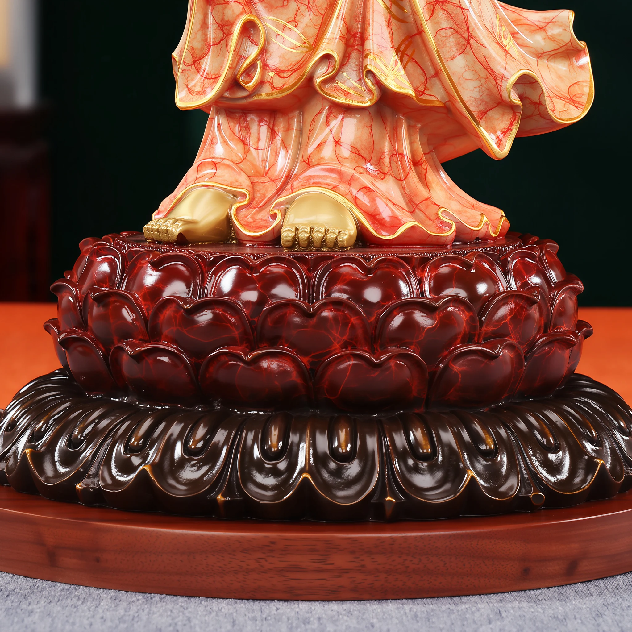 Deep red lotus pedestal, dark lower petals and round display base of the coral and gold Guanyin