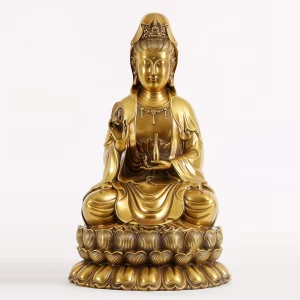 Front of the 47 cm brass Nanhai Guanyin with a tall crown, curved willow and upright vase on a broad lotus base
