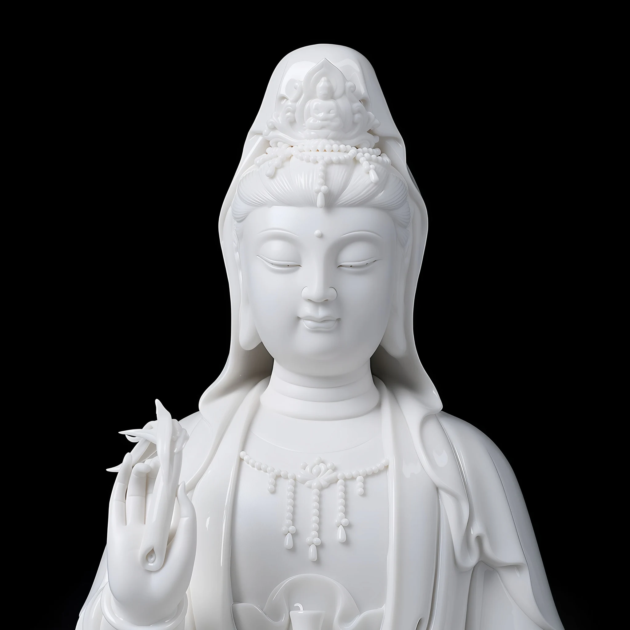 Bajiaozuo Kuan Yin face and crown, with lowered eyes, bead ornaments and a small seated figure in the crown