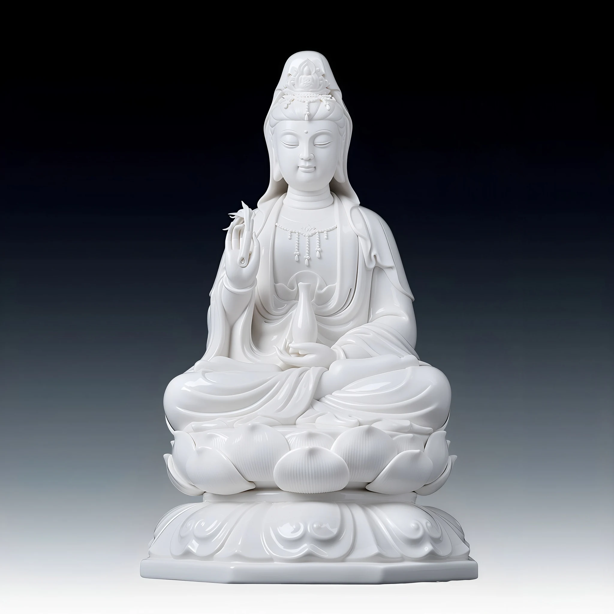 White porcelain Bajiaozuo Guanyin statue holding a vase and sprig, seated on a lotus above an octagonal pedestal