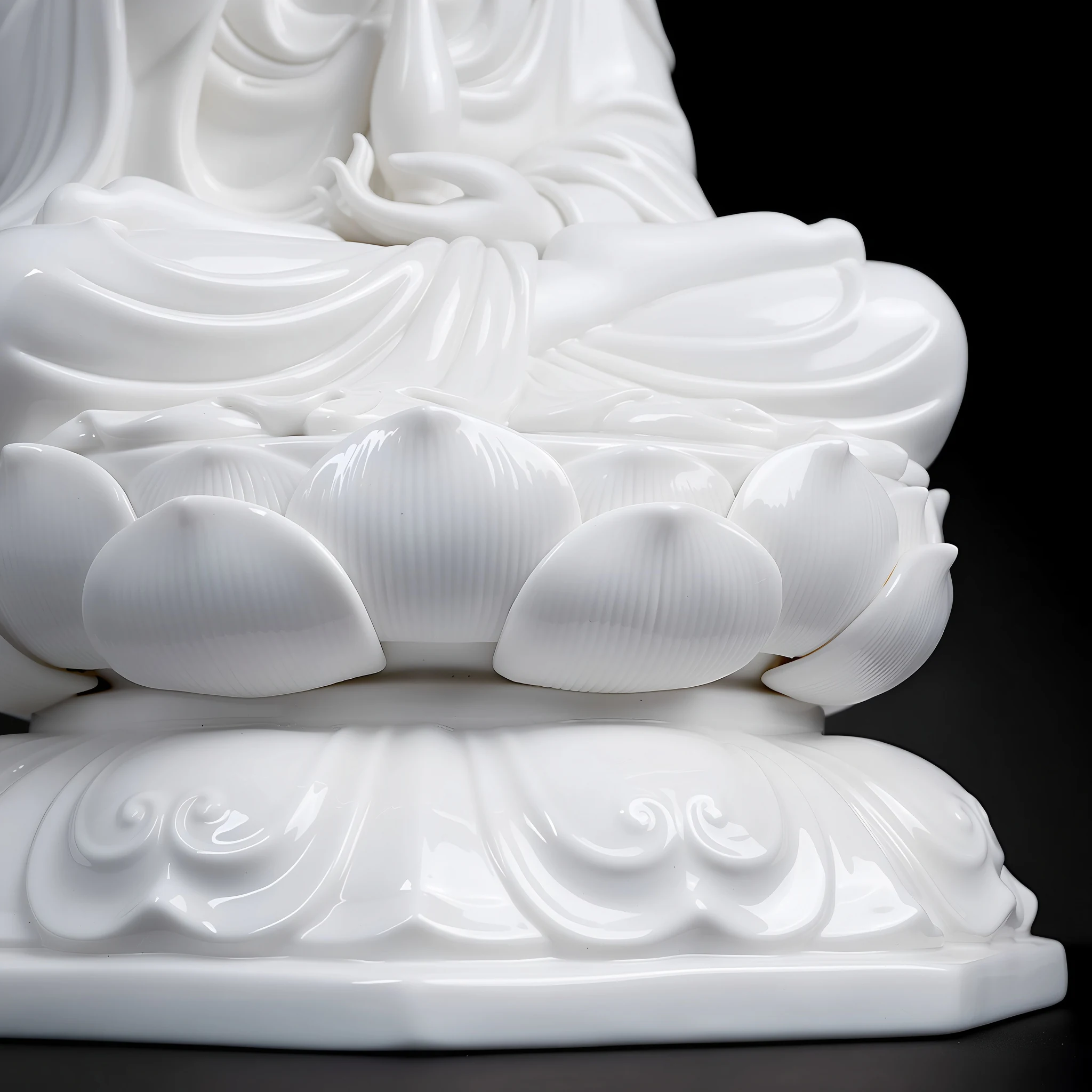 Grooved lotus petals above the raised scroll decoration and octagonal base of Bajiaozuo Guanyin