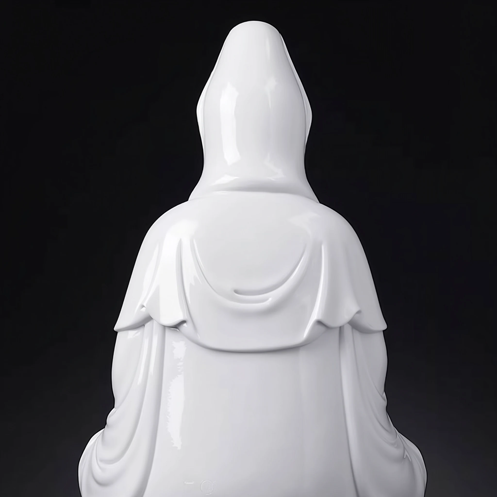 Rear detail of Bajiaozuo Guanyin showing the smooth white porcelain hood and layered robe folds