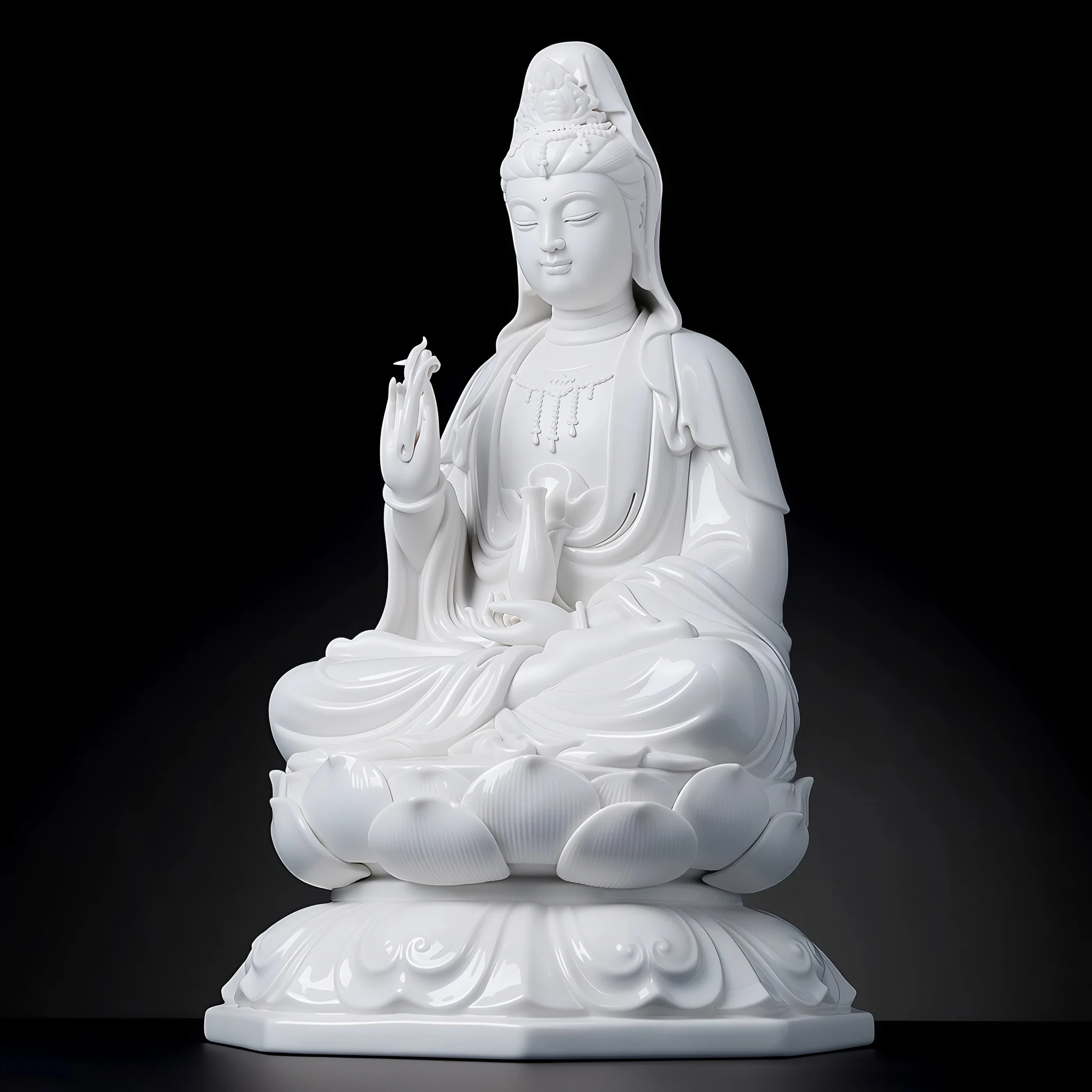 Left-facing view of the white Bajiaozuo Guanyin with raised hand, flowing robes and octagonal base