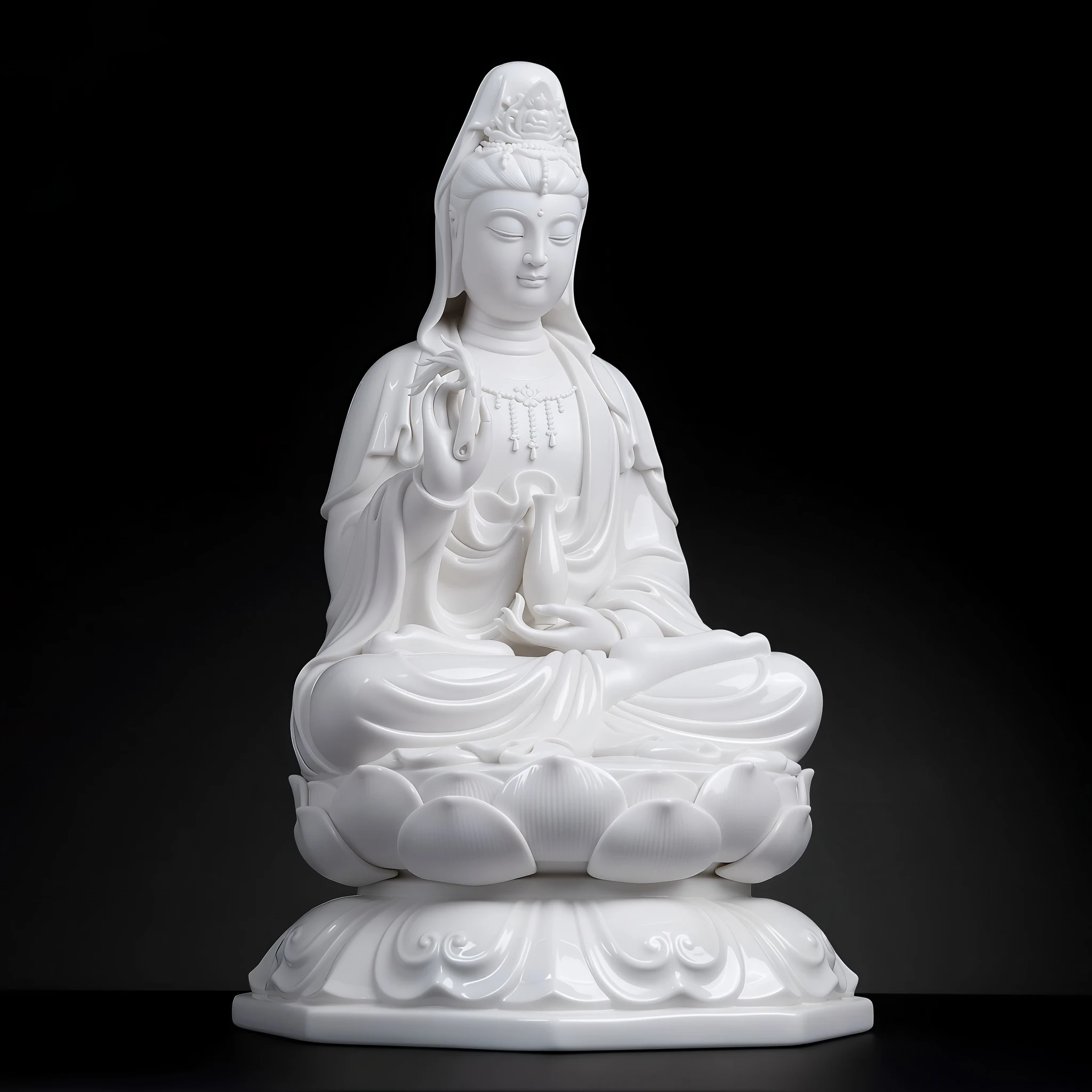 Right-facing view of the Bajiaozuo Guanyin statue showing the vase, layered lotus petals and angular pedestal