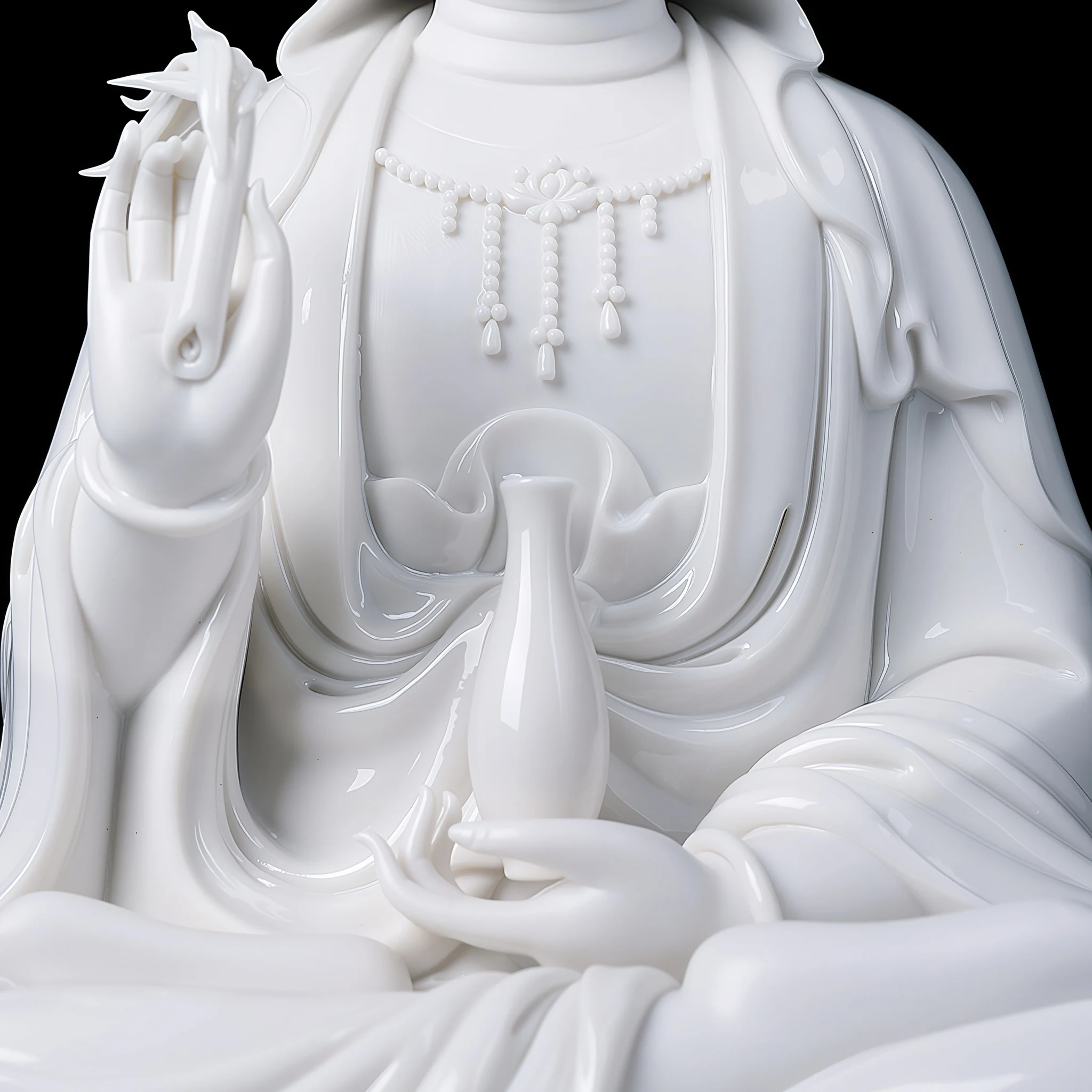 Bajiaozuo Kuan Yin holding a slender vase in one palm and a sprig in the raised hand