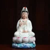 31 cm (12.2 in) Baolian Guanyin statue in white & blue, seated with a vase on a lotus and wave base