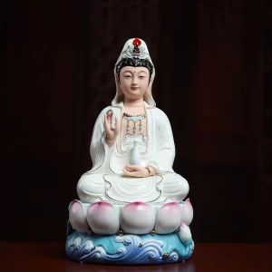 31 cm (12.2 in) Baolian Guanyin statue in white & blue, seated with a vase on a lotus and wave base