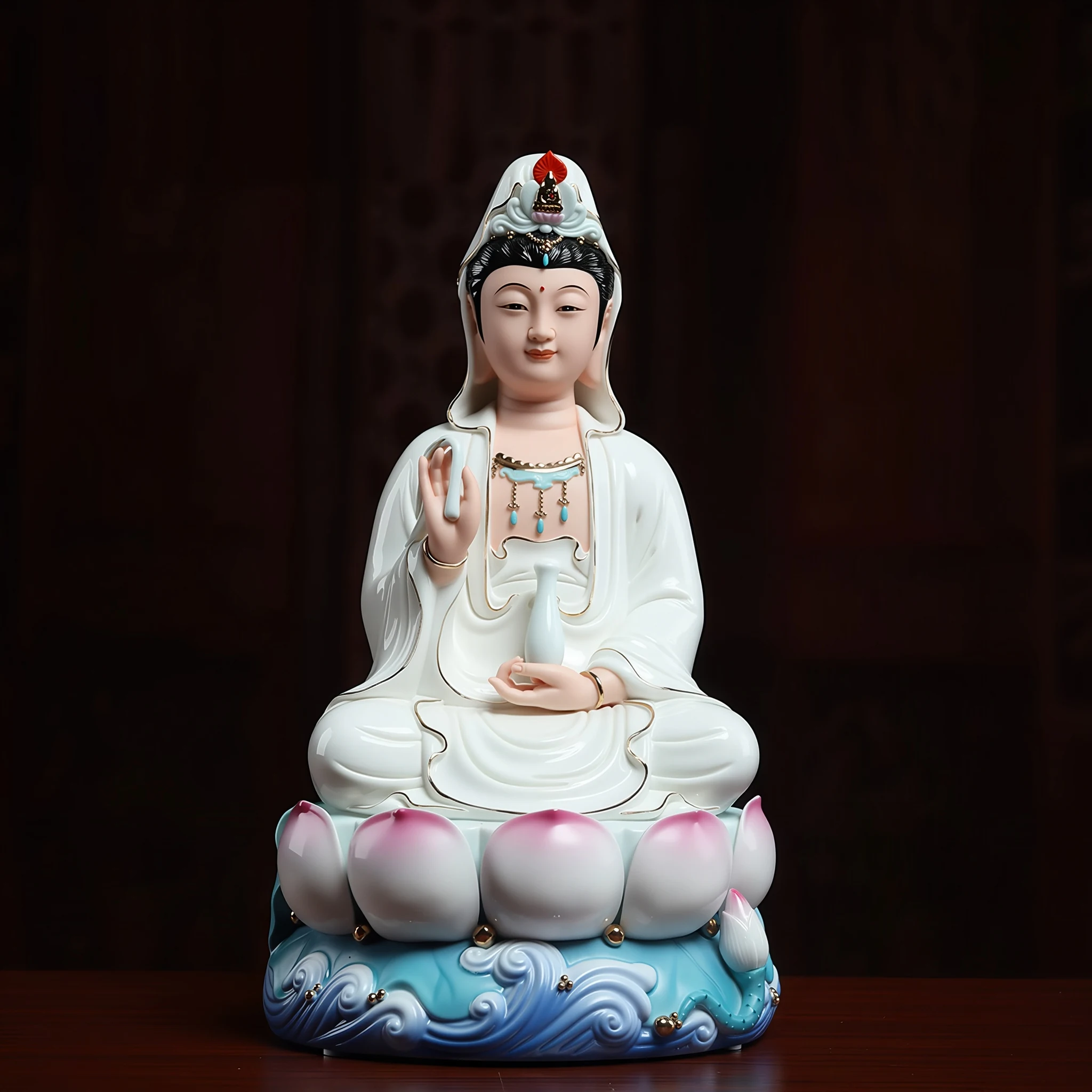 31 cm (12.2 in) Baolian Guanyin statue in white & blue, seated with a vase on a lotus and wave base