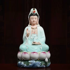 41 cm (16.1 in) Baolian Guanyin statue in teal & blue, seated with a vase on a lotus and wave base