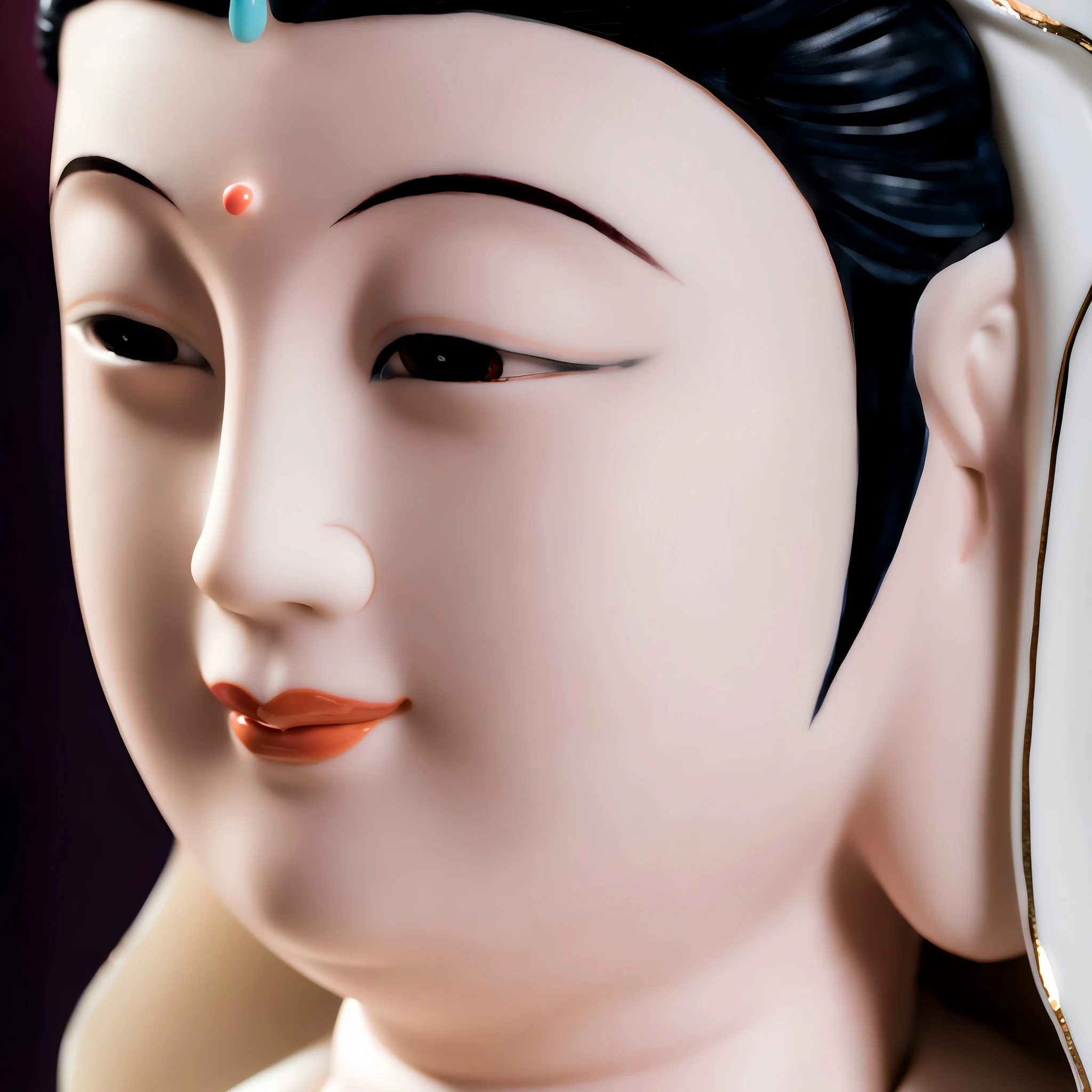 Painted eyes, brows and lips of the White & Blue Baolian Guanyin statue