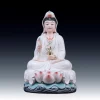 Front view of the 29 cm (11.4 in) Baoxiang Guanyin statue in white and gold robes, holding a vase above pink-tipped lotus petals and a blue-green base