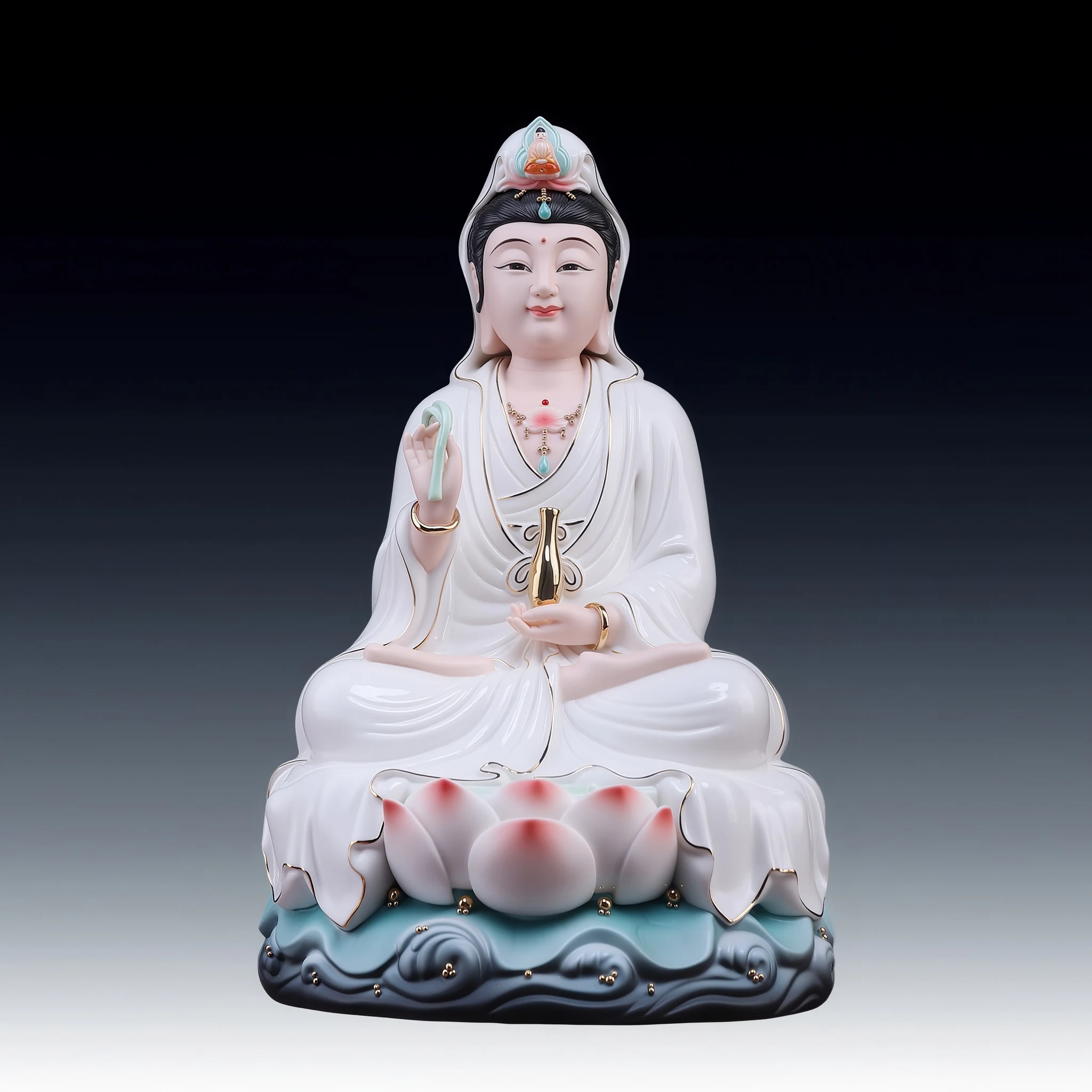 Front view of the 29 cm (11.4 in) Baoxiang Guanyin statue in white and gold robes, holding a vase above pink-tipped lotus petals and a blue-green base
