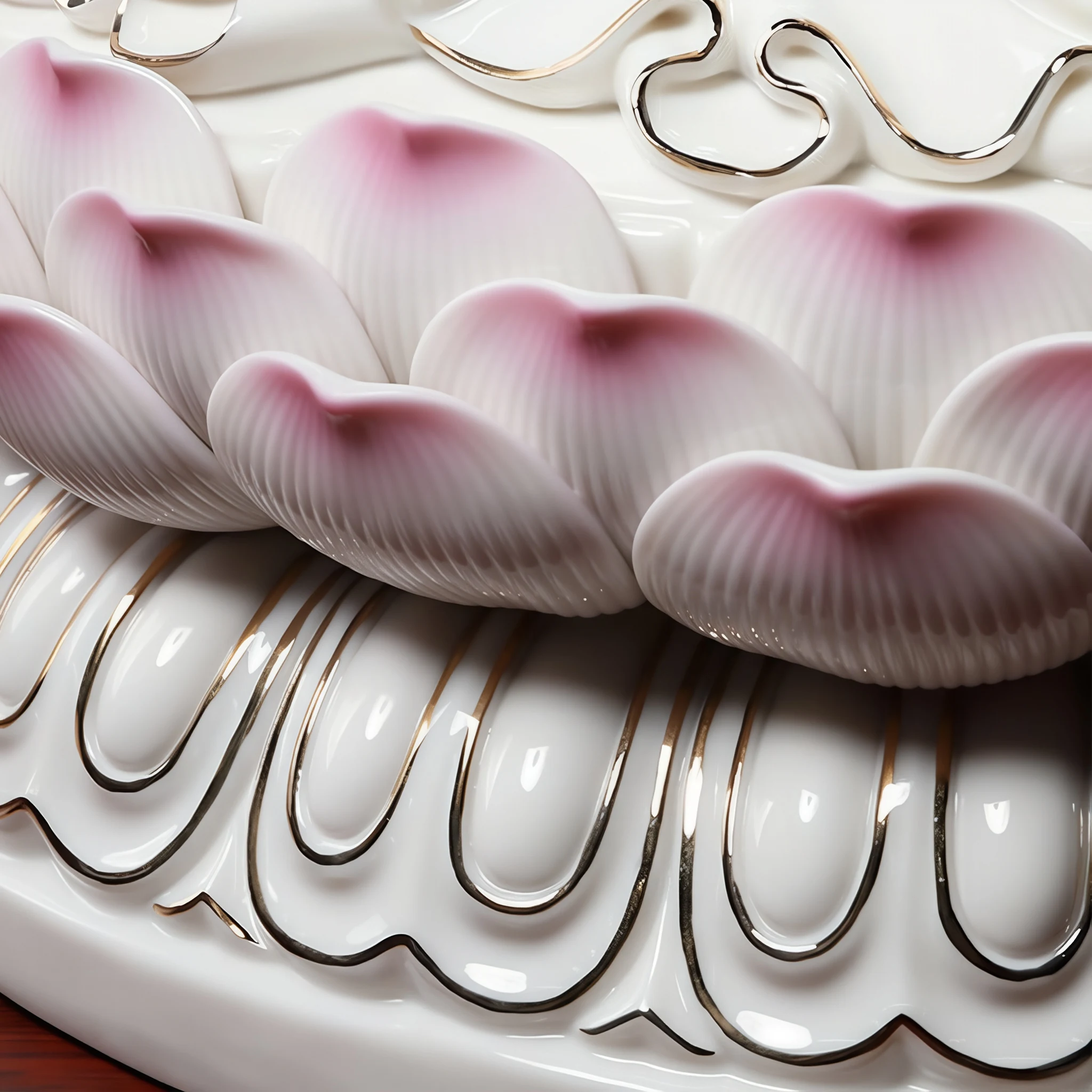 Pink-tipped lotus petals with fine grooves and gold-colored scroll outlines on the Guanyin pedestal