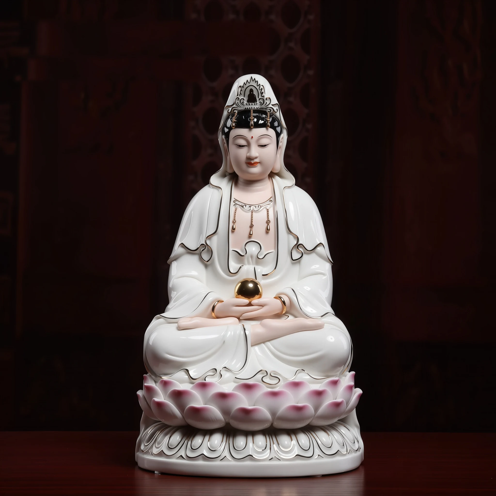31 cm (12.2 in) Baozhu Guanyin statue holding a gold-colored jewel, with white robes and pink-tipped lotus petals