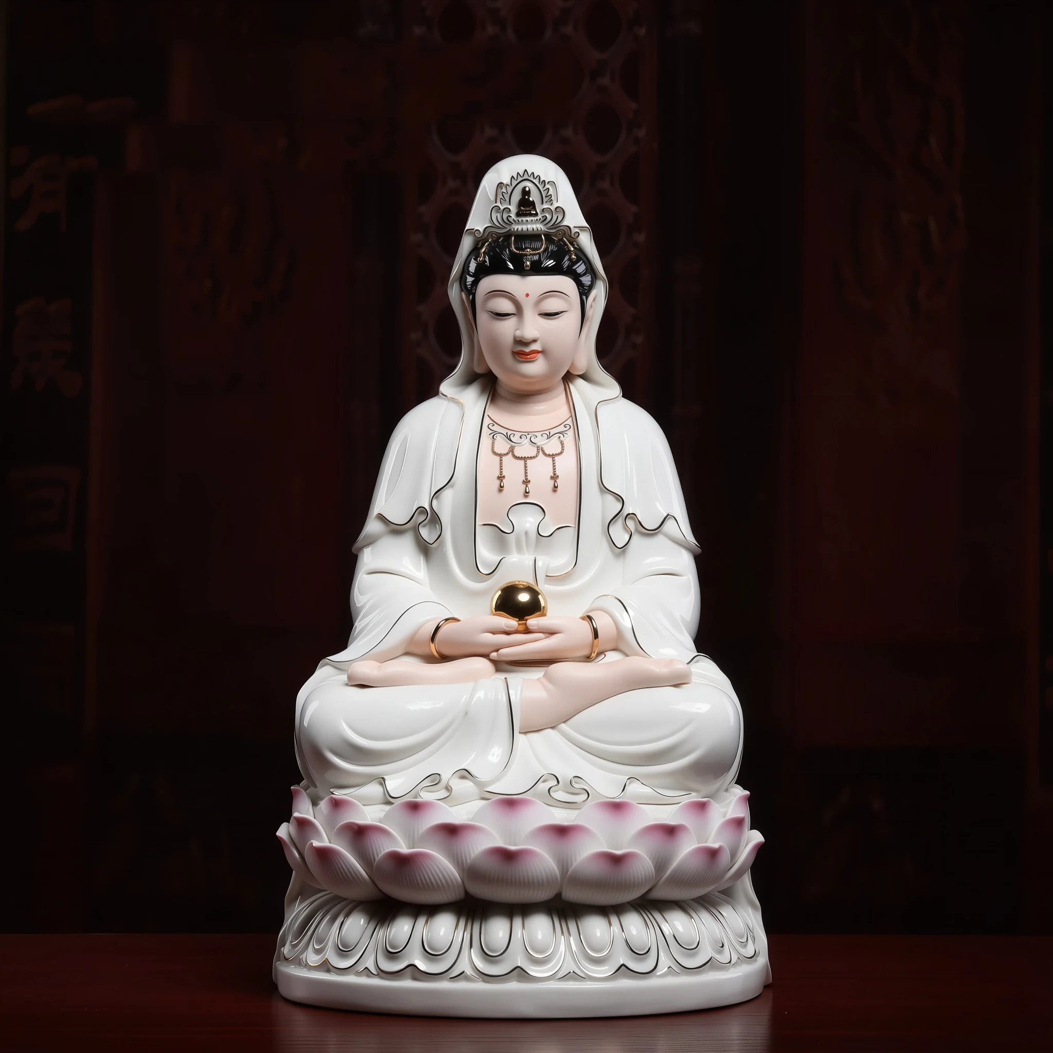 42.5 cm (16.7 in) Baozhu Guanyin statue with a round jewel held in both hands above a pink lotus seat