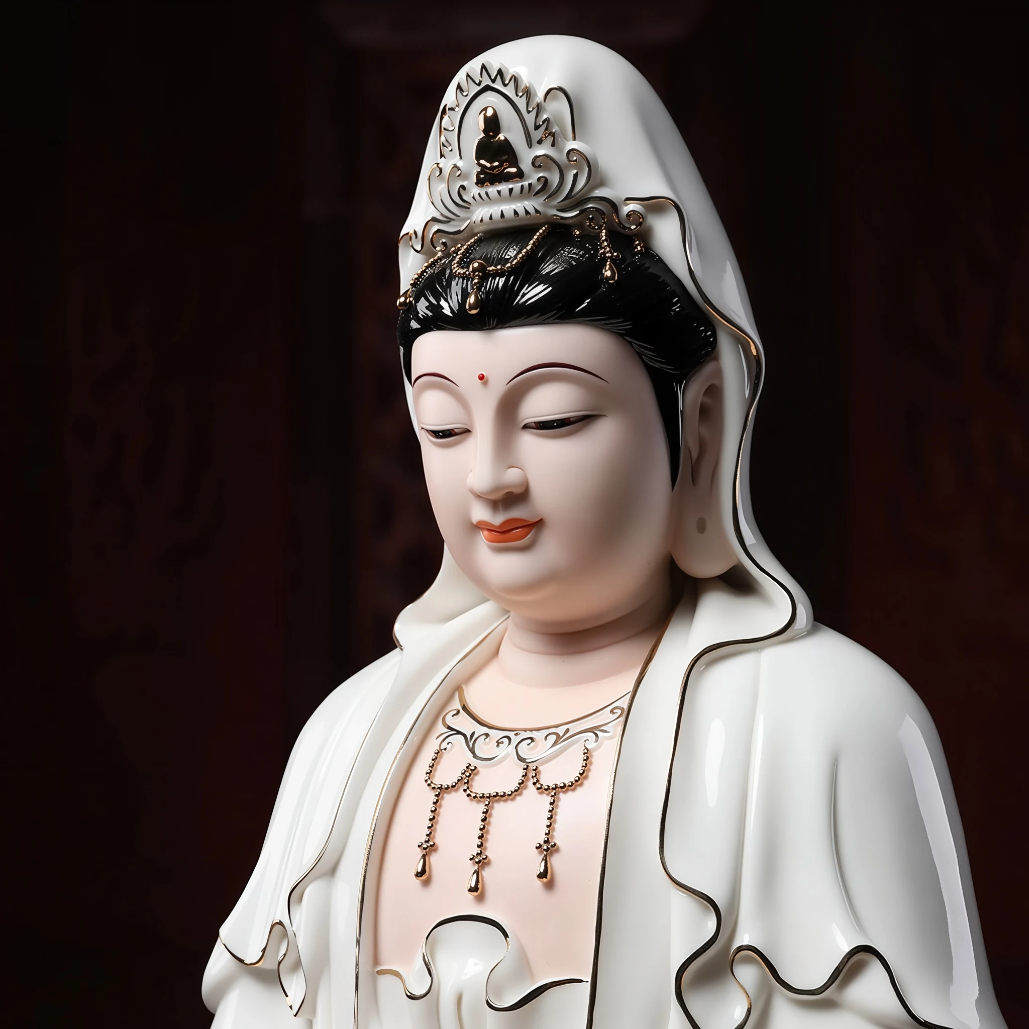 Painted Kuan Yin face and crown with black hair, a red forehead dot and delicate gold-colored trim