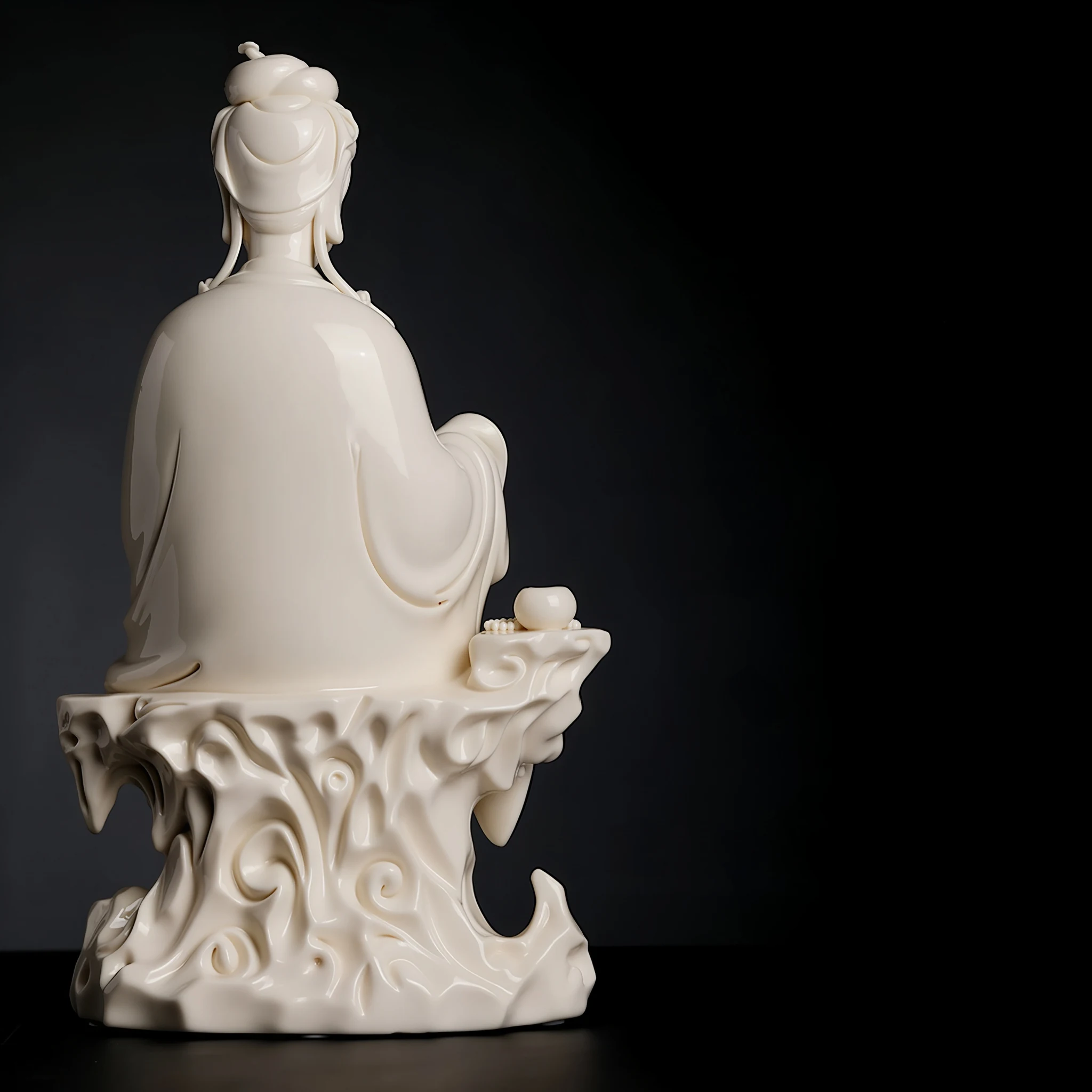 Back of Chijing Guanyin with smooth ivory-glazed robes, high hair bun and pierced rock seat