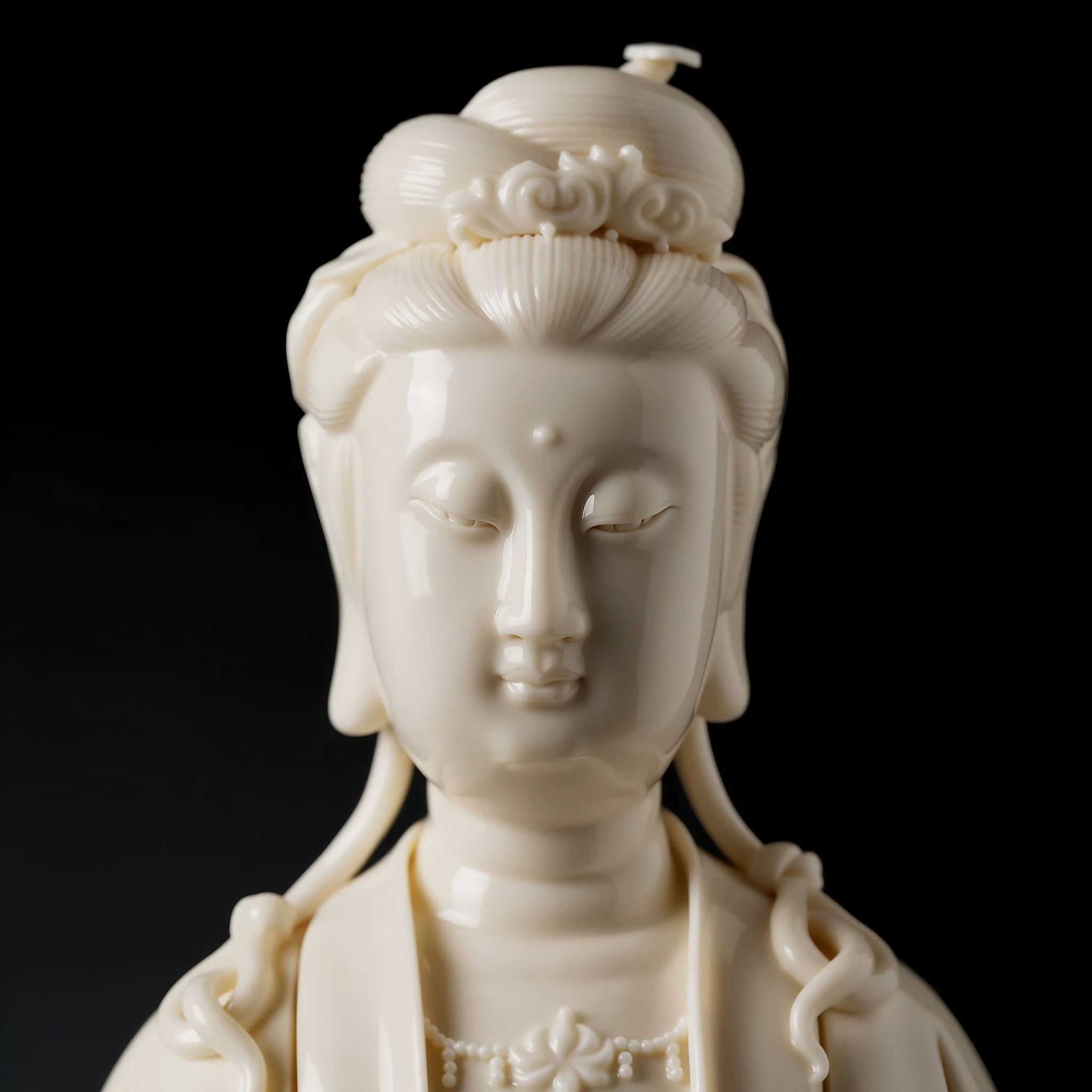 Chijing Kuan Yin’s lowered eyes, forehead dot and high hair bun in glossy ivory porcelain