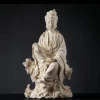 Chijing Guanyin statue holding a sutra scroll on a pierced rock seat, in ivory-glazed porcelain