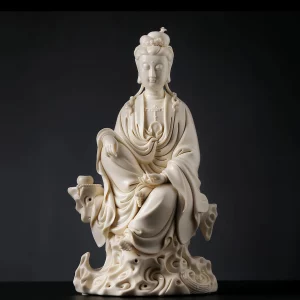 Chijing Guanyin statue holding a sutra scroll on a pierced rock seat, in ivory-glazed porcelain