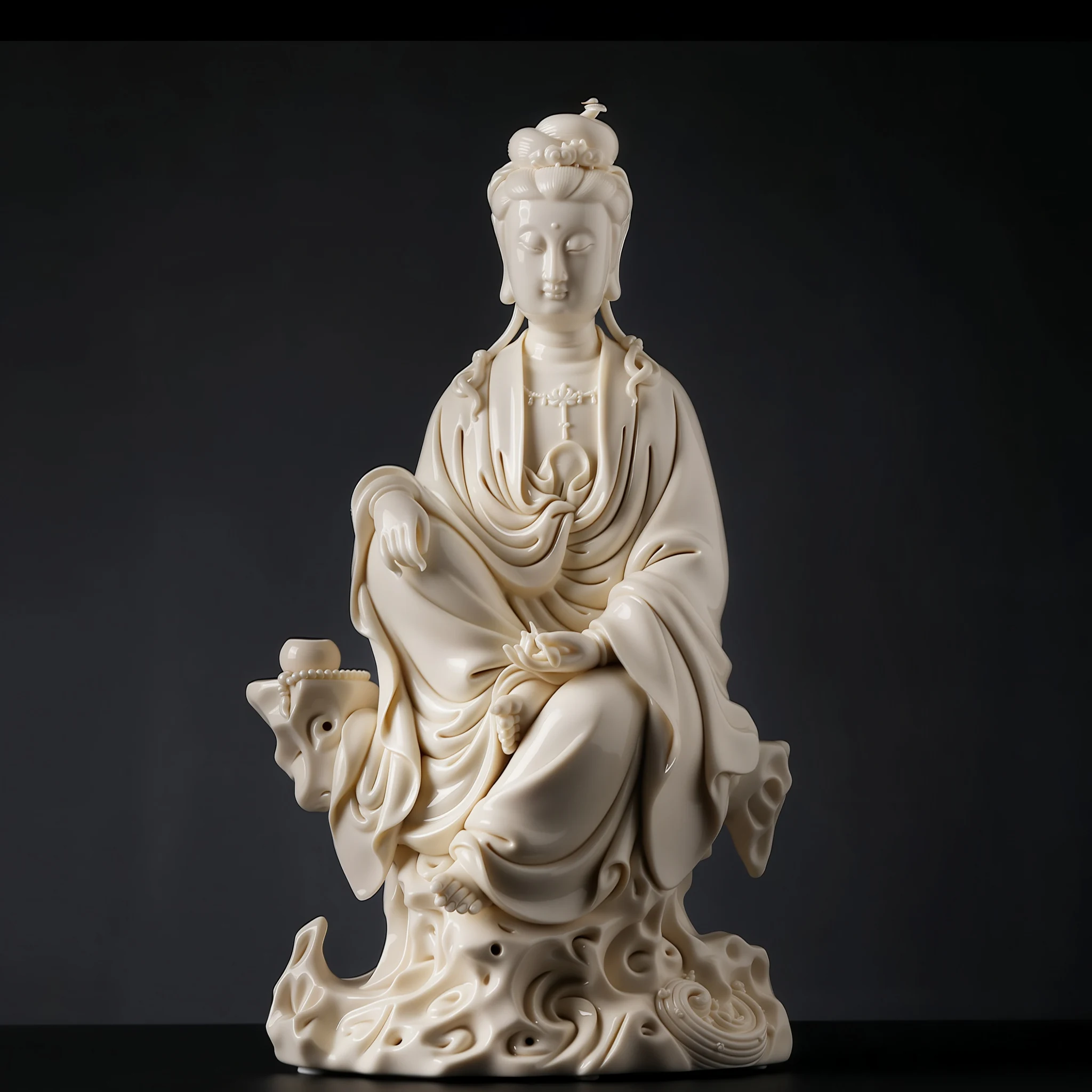 Chijing Guanyin statue holding a sutra scroll on a pierced rock seat, in ivory-glazed porcelain
