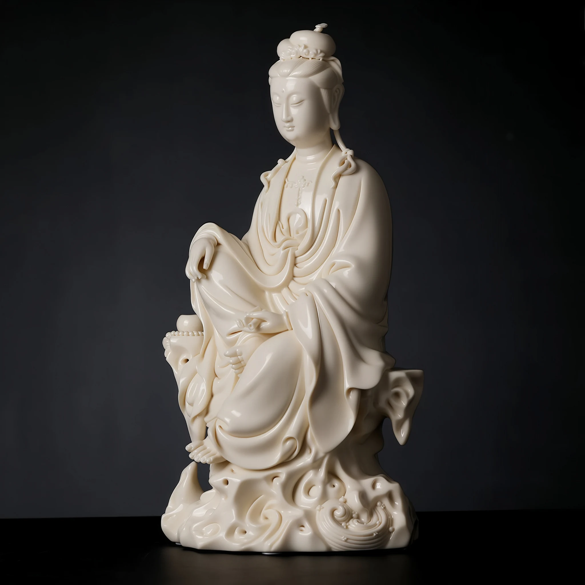 Angled view of Chijing Guanyin with one knee raised, flowing robes and a scroll in the left hand