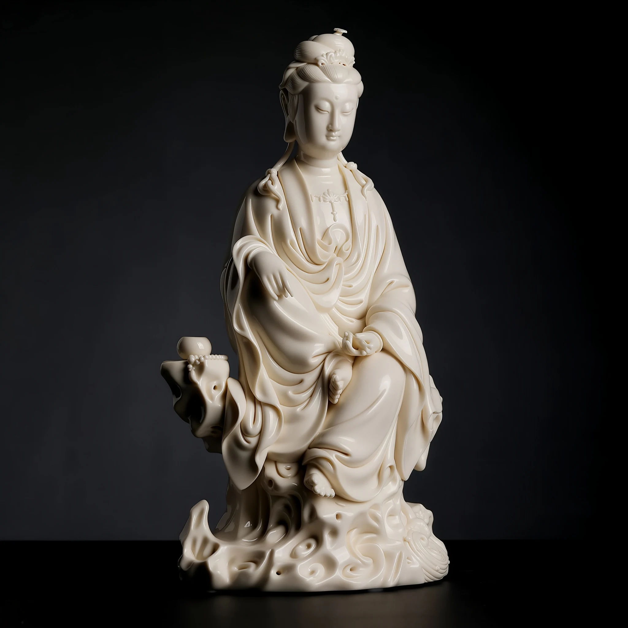 Opposite side of the Chijing Guanyin statue showing the raised knee, bare foot and sculpted rock base