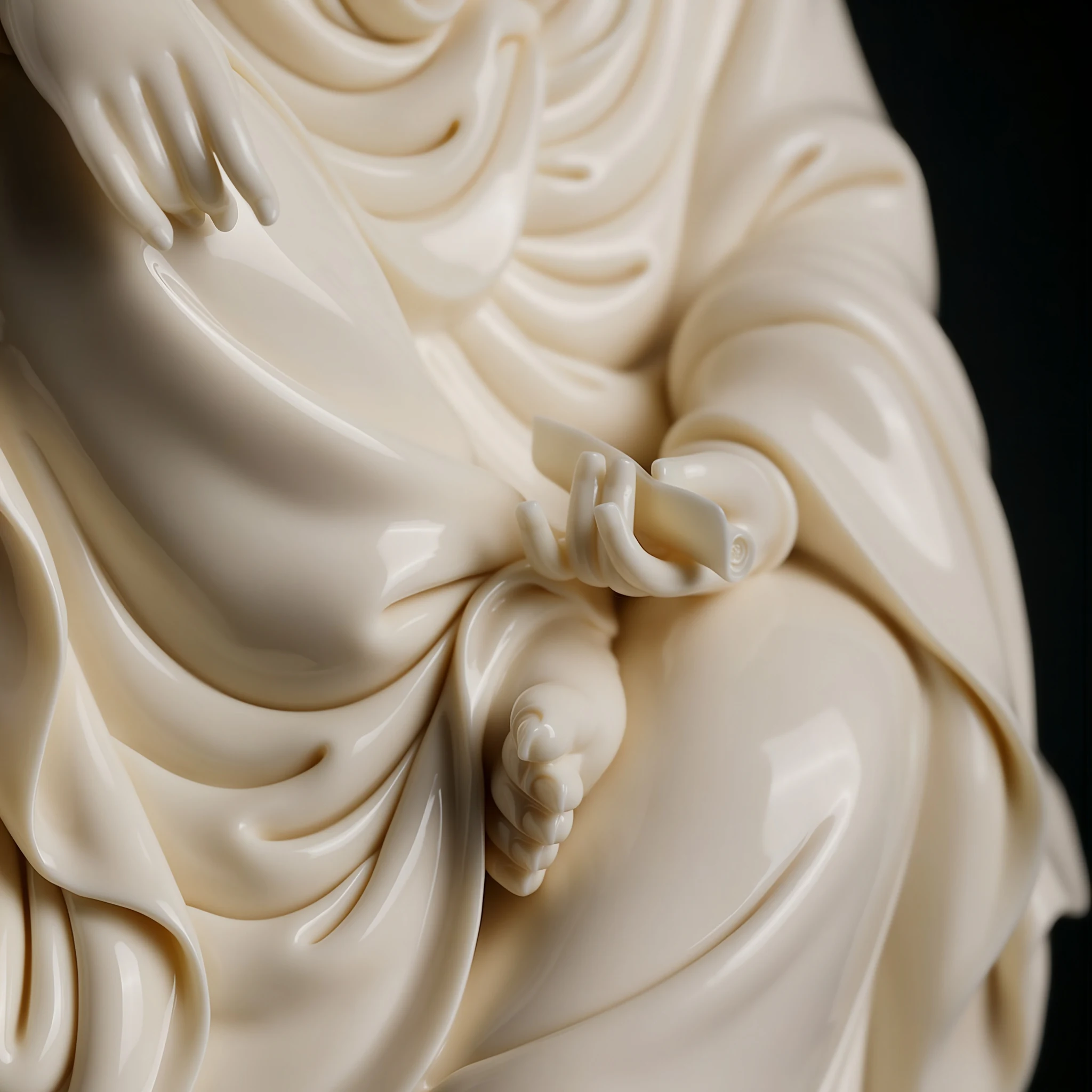 Close view of the rolled scripture held in the left hand of the Chijing Guanyin statue