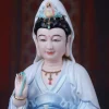 Cilian Guanyin’s painted face, lowered eyes and crown, framed by a white veil and pale blue collar